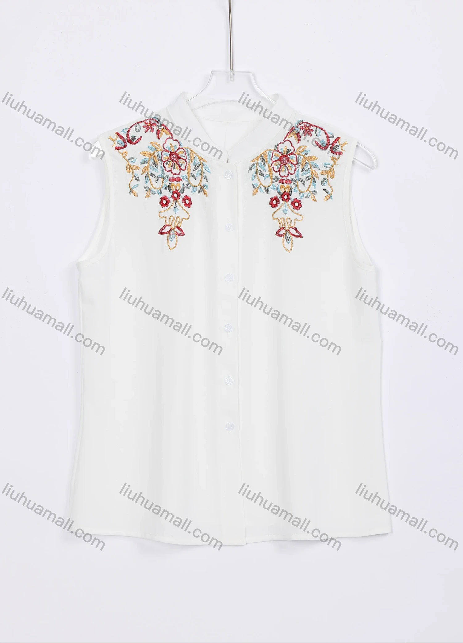 Wholesale Women's Stand Collar Floral Embroidery Buttons Down Tank Tops W02# - Liuhuamall