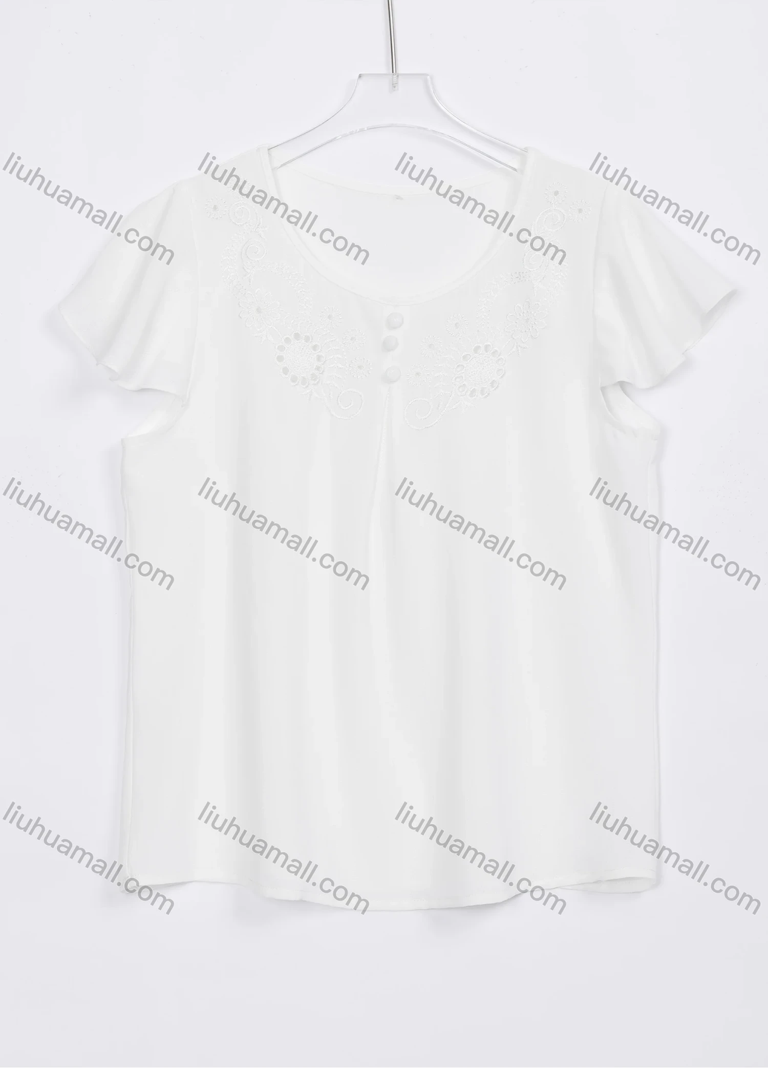 Wholesale Women's Casual Plain Embroidery Scoop Neck Ruffle Sleeve Blouse W01# - Liuhuamall