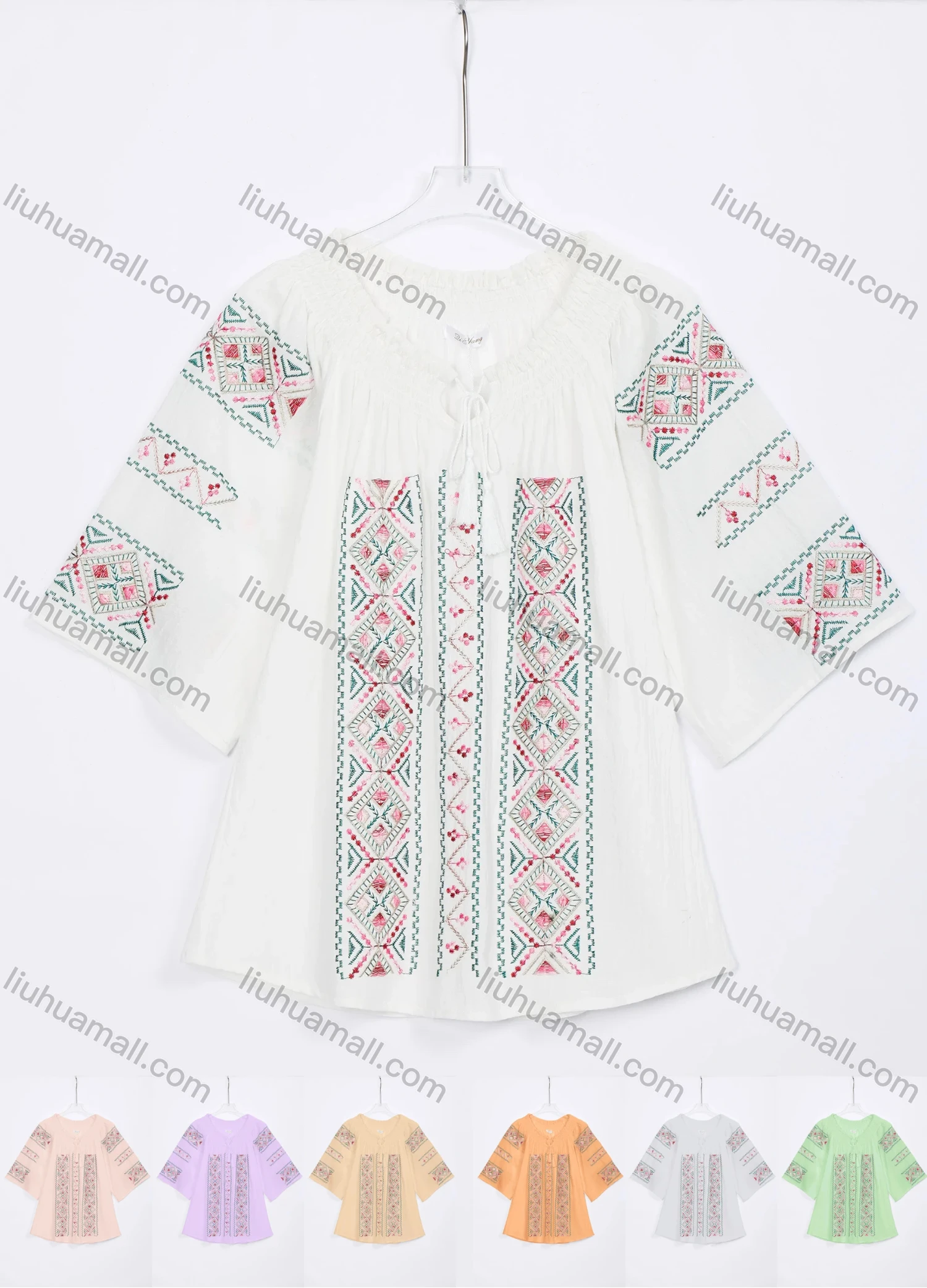 Wholesale Women's Casual Vintage Embroidery Tie Neck 3/4 Sleeve Blouse W03# - Liuhuamall