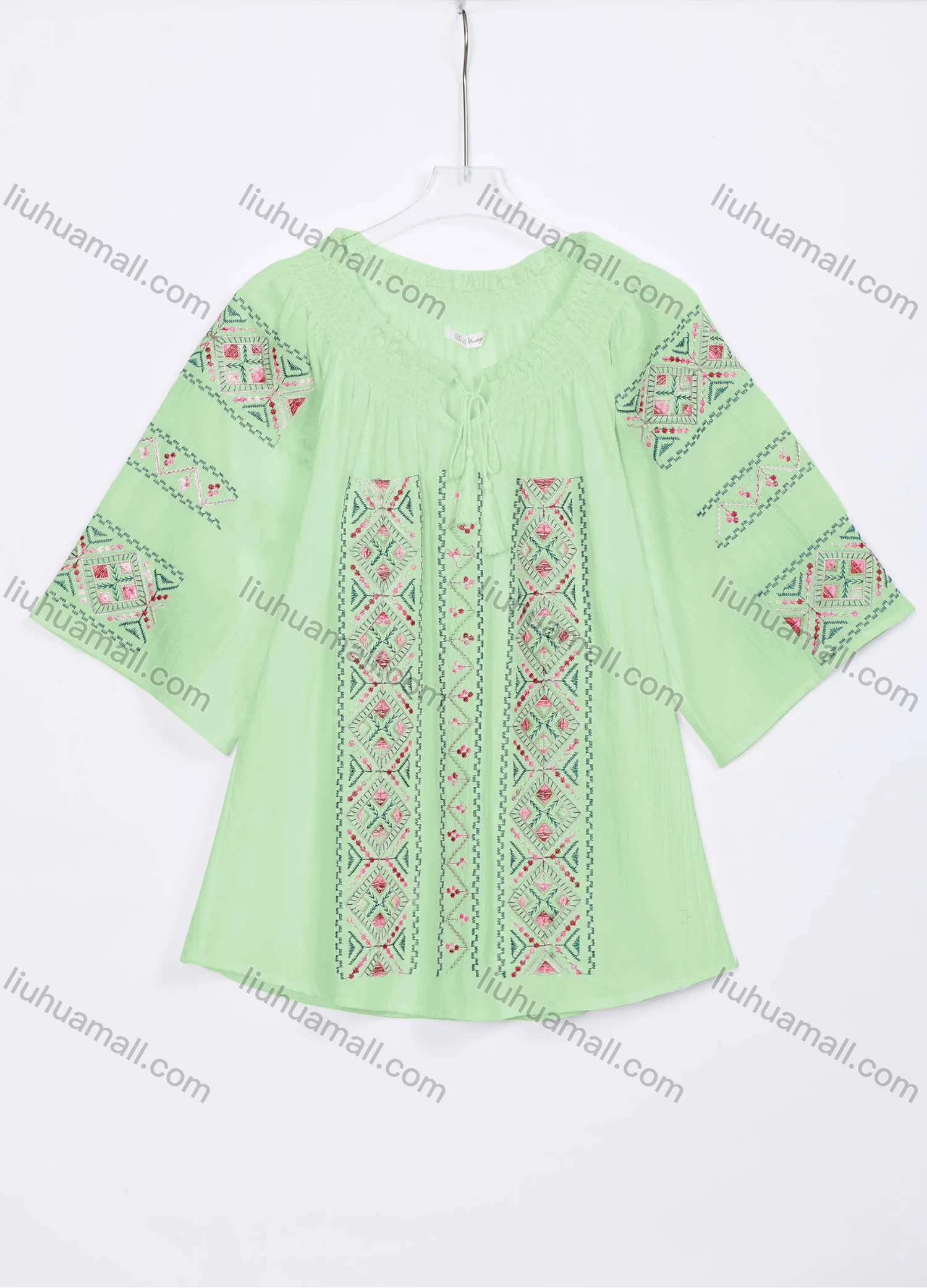 Wholesale Women's Casual Vintage Embroidery Tie Neck 3/4 Sleeve Blouse W03# - Liuhuamall