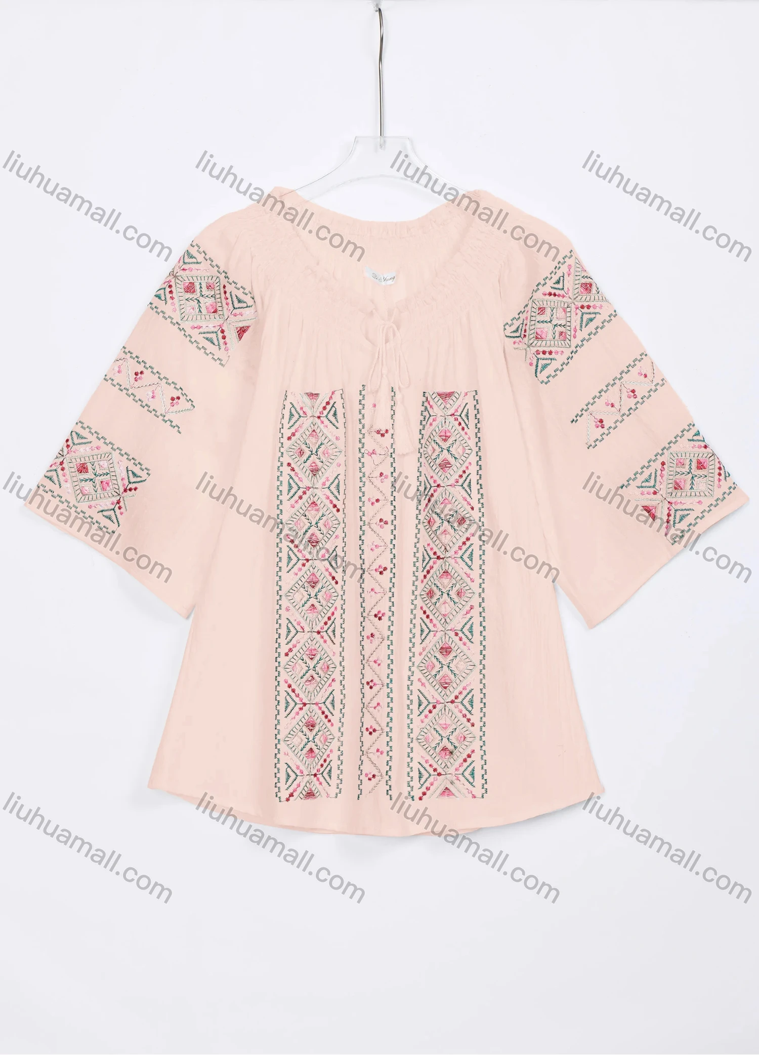 Wholesale Women's Casual Vintage Embroidery Tie Neck 3/4 Sleeve Blouse W03# - Liuhuamall