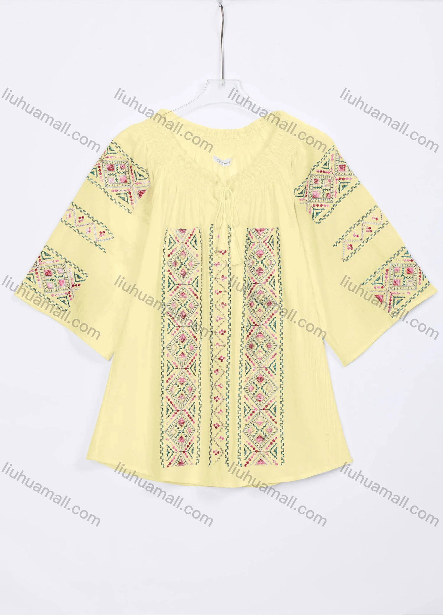 Wholesale Women's Casual Vintage Embroidery Tie Neck 3/4 Sleeve Blouse W03# - Liuhuamall