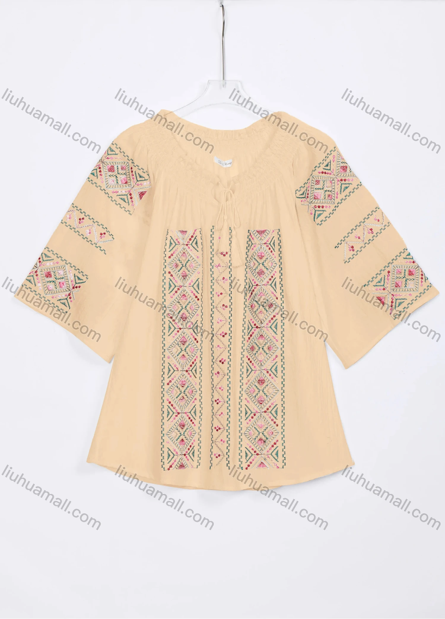 Wholesale Women's Casual Vintage Embroidery Tie Neck 3/4 Sleeve Blouse W03# - Liuhuamall