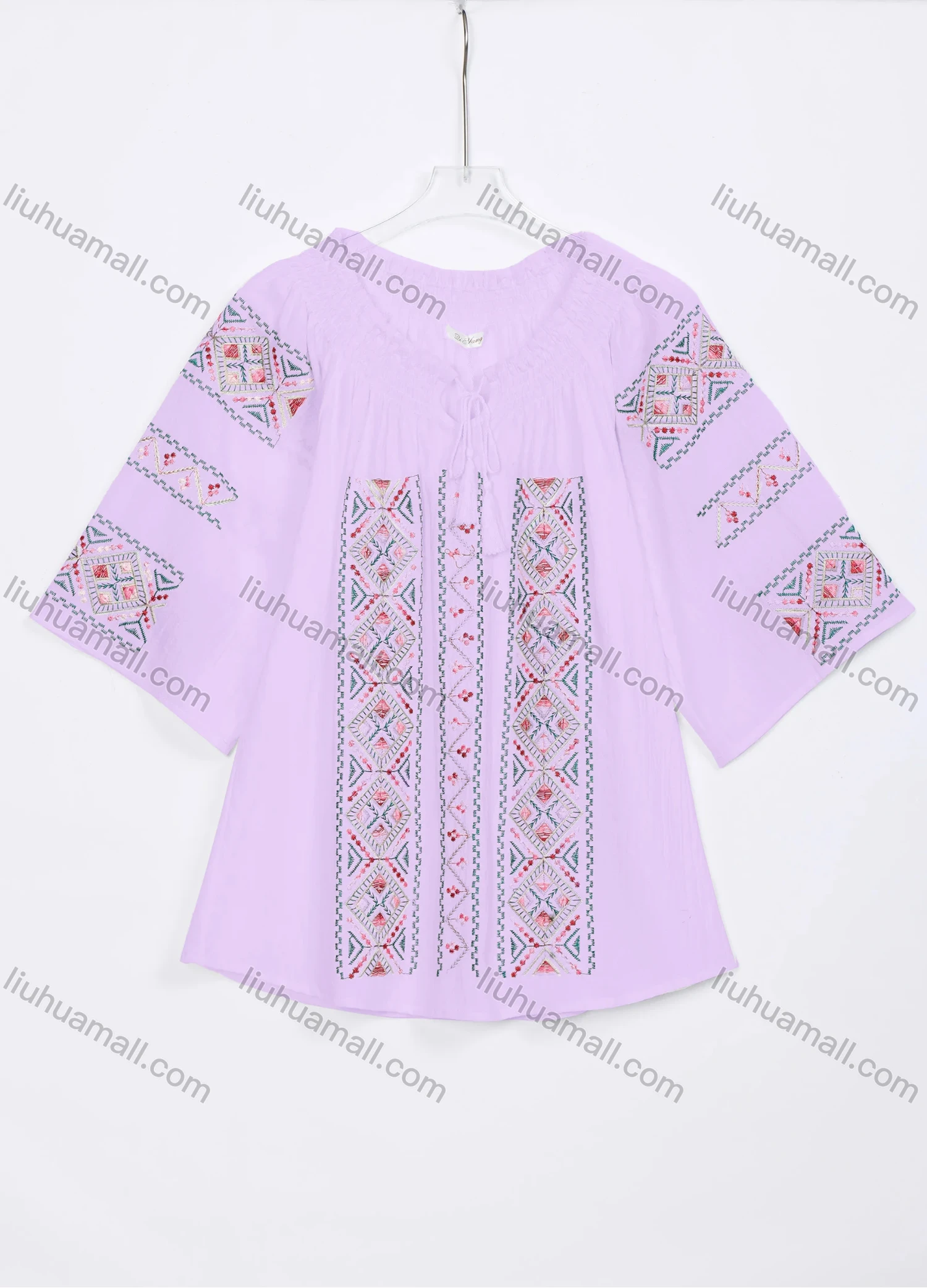 Wholesale Women's Casual Vintage Embroidery Tie Neck 3/4 Sleeve Blouse W03# - Liuhuamall