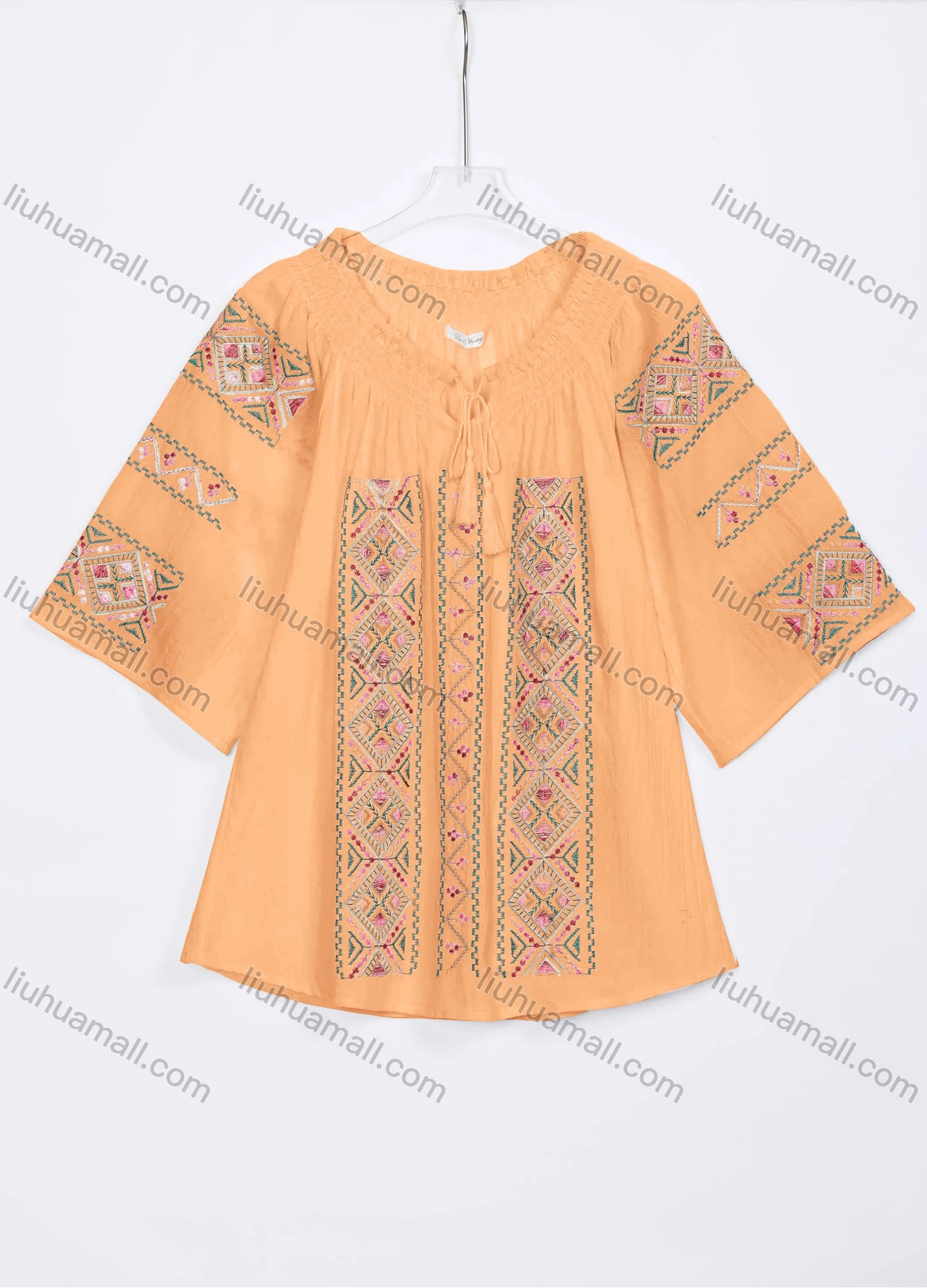 Wholesale Women's Casual Vintage Embroidery Tie Neck 3/4 Sleeve Blouse W03# - Liuhuamall