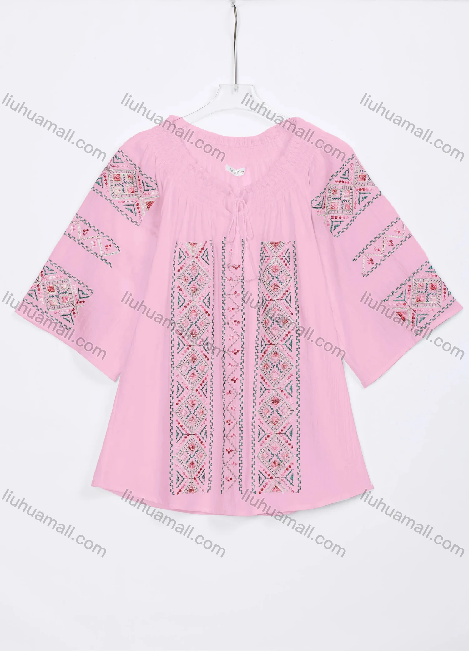 Wholesale Women's Casual Vintage Embroidery Tie Neck 3/4 Sleeve Blouse W03# - Liuhuamall