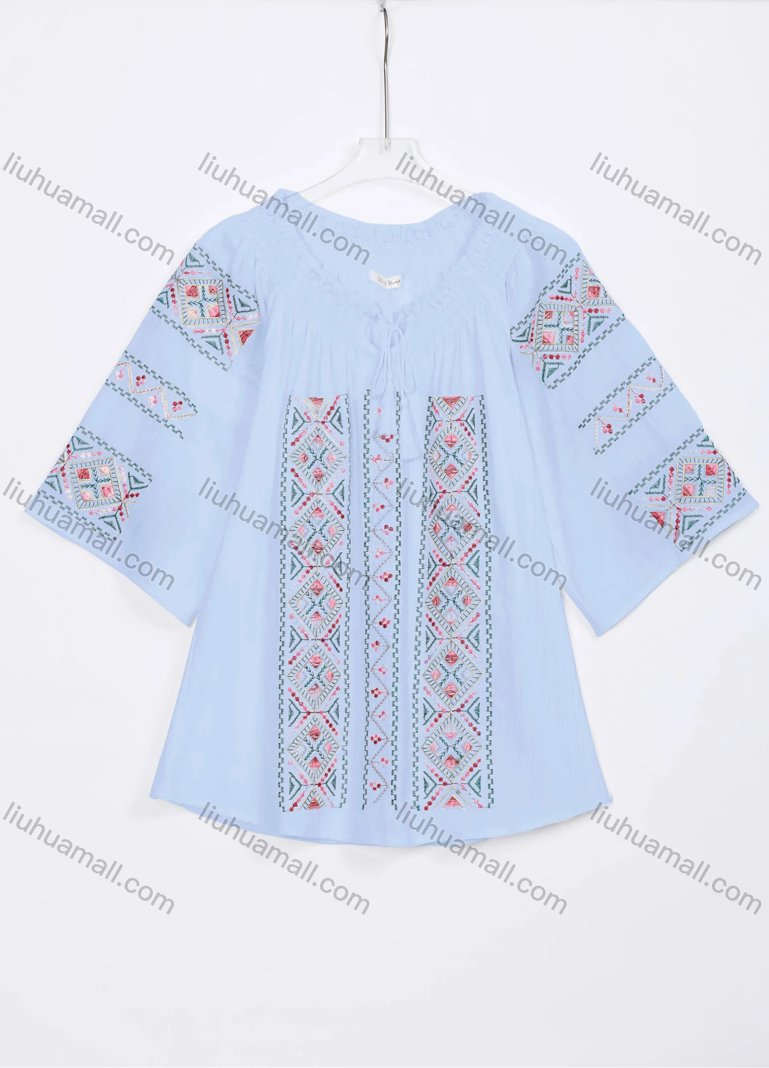 Wholesale Women's Casual Vintage Embroidery Tie Neck 3/4 Sleeve Blouse W03# - Liuhuamall