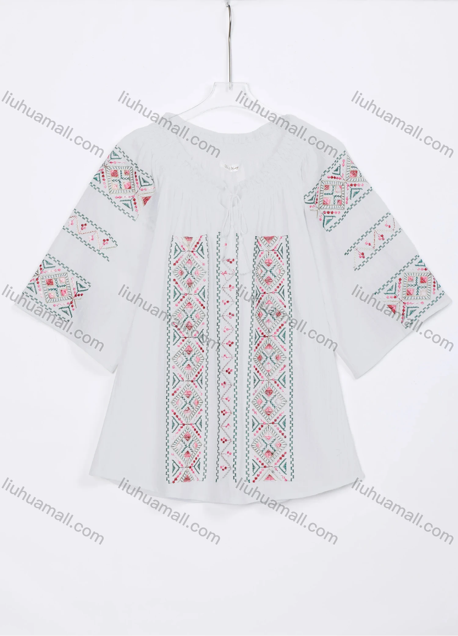 Wholesale Women's Casual Vintage Embroidery Tie Neck 3/4 Sleeve Blouse W03# - Liuhuamall