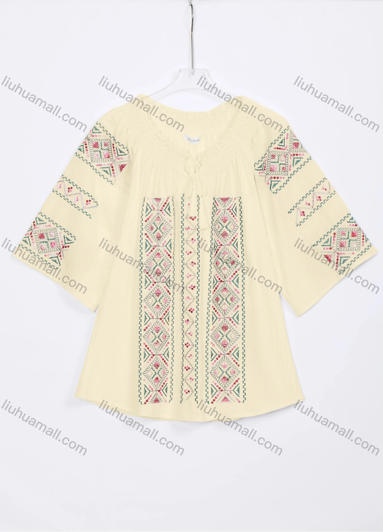 Wholesale Women's Casual Vintage Embroidery Tie Neck 3/4 Sleeve Blouse W03# - Liuhuamall