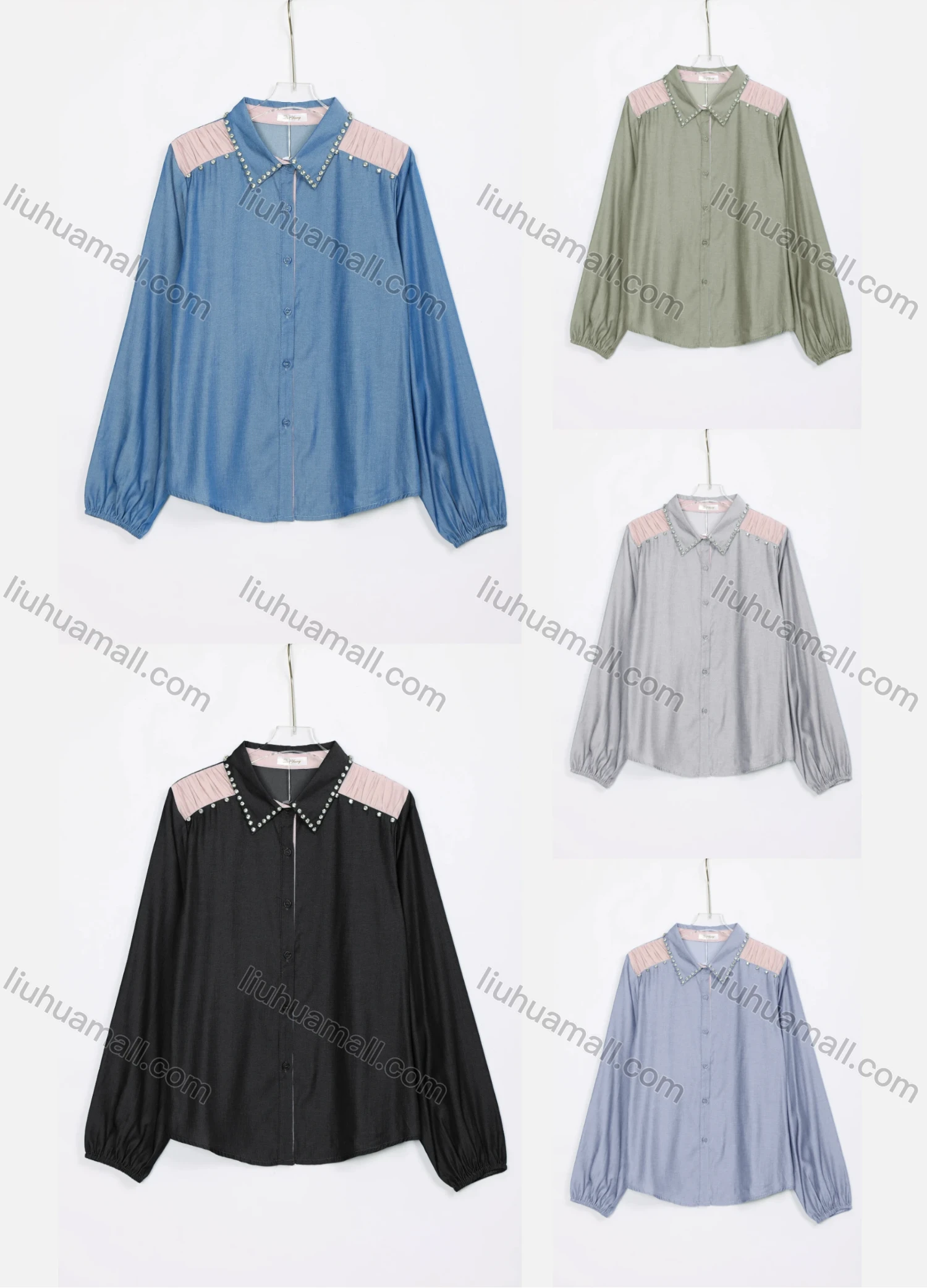 Wholesale Women's Casual Splicing Rhinestone Long Sleeve Buttons Down Shirts W05# - Liuhuamall