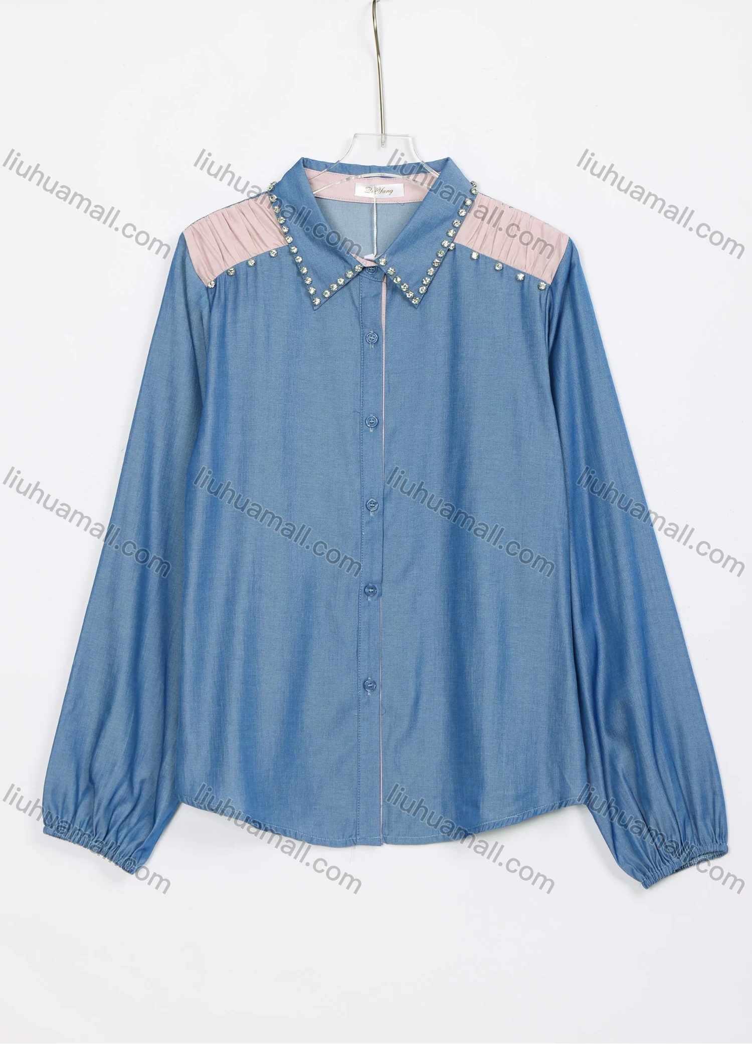 Wholesale Women's Casual Splicing Rhinestone Long Sleeve Buttons Down Shirts W05# - Liuhuamall