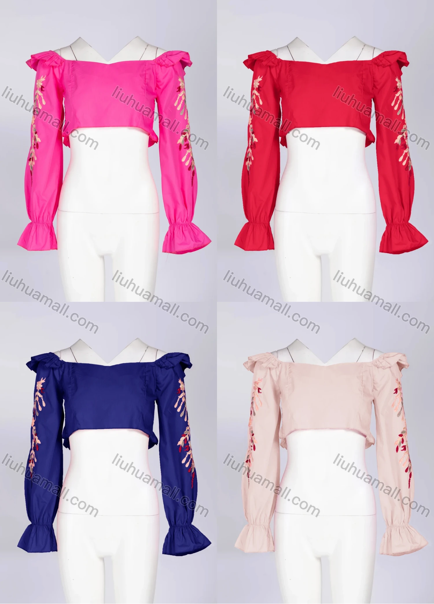 Wholesale Women's Floral Embroidery Off Shoulder Ruffle Trim Long Sleeve Crop Blouse SY06# - Liuhuamall