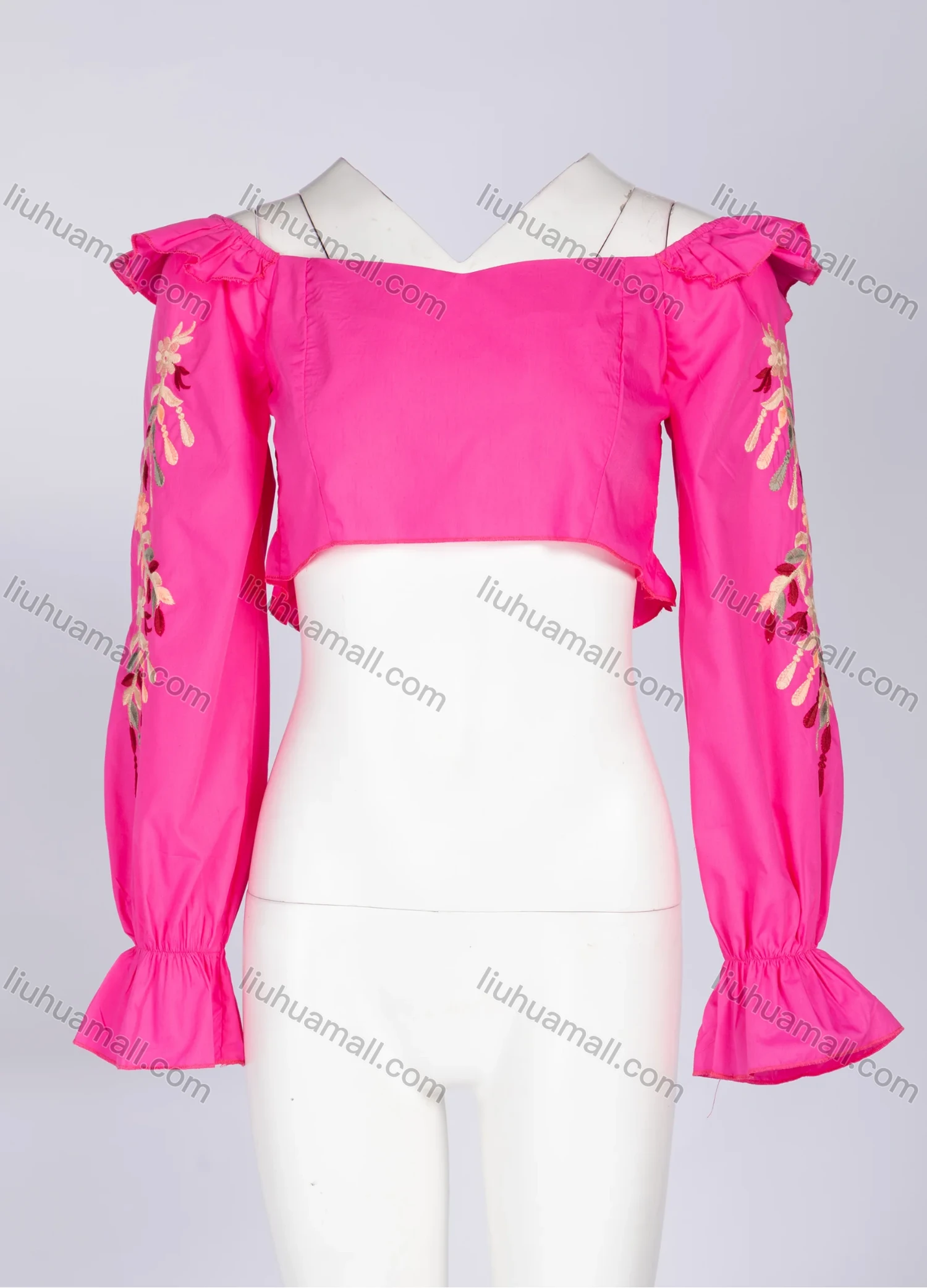 Wholesale Women's Floral Embroidery Off Shoulder Ruffle Trim Long Sleeve Crop Blouse SY06# - Liuhuamall