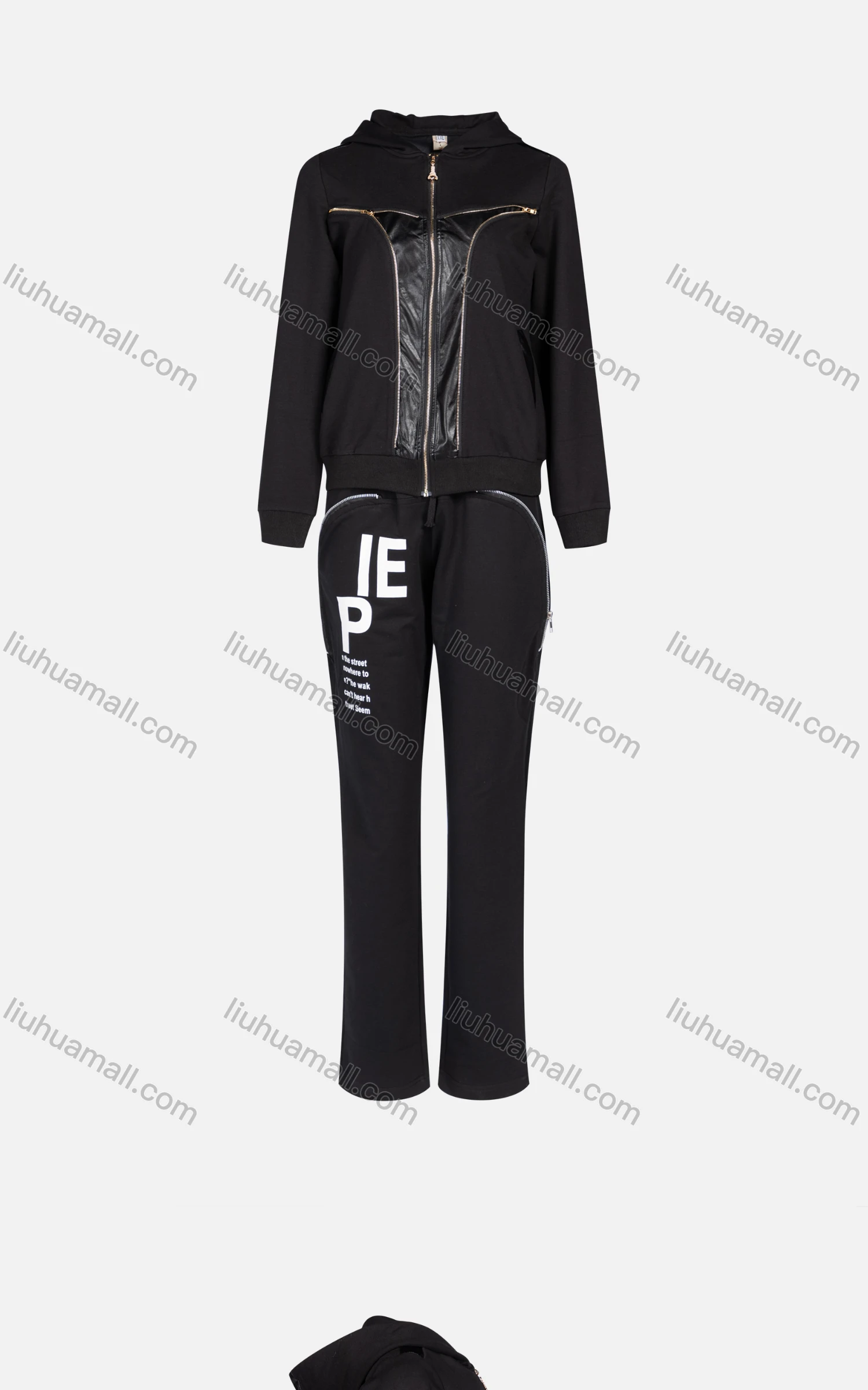 Wholesale Women's Casual Splicing Leather Zipper Hoodie 2-piece Set 869# - Liuhuamall