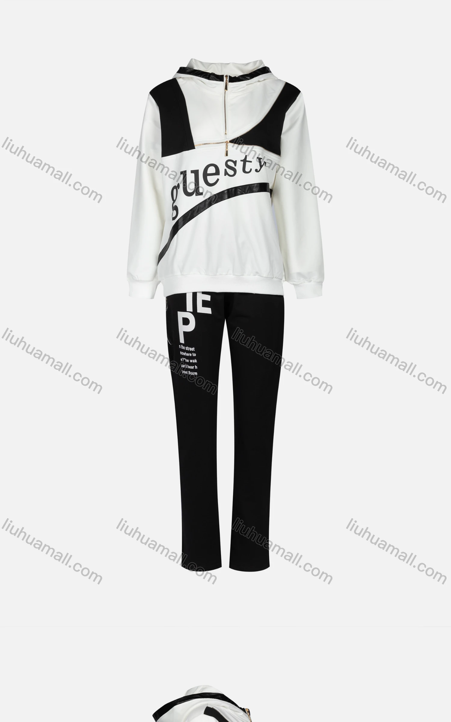 Wholesale Women's Casual Colorblock Letter Quarter Zip Hoodie 2-piece Set 808# - Liuhuamall