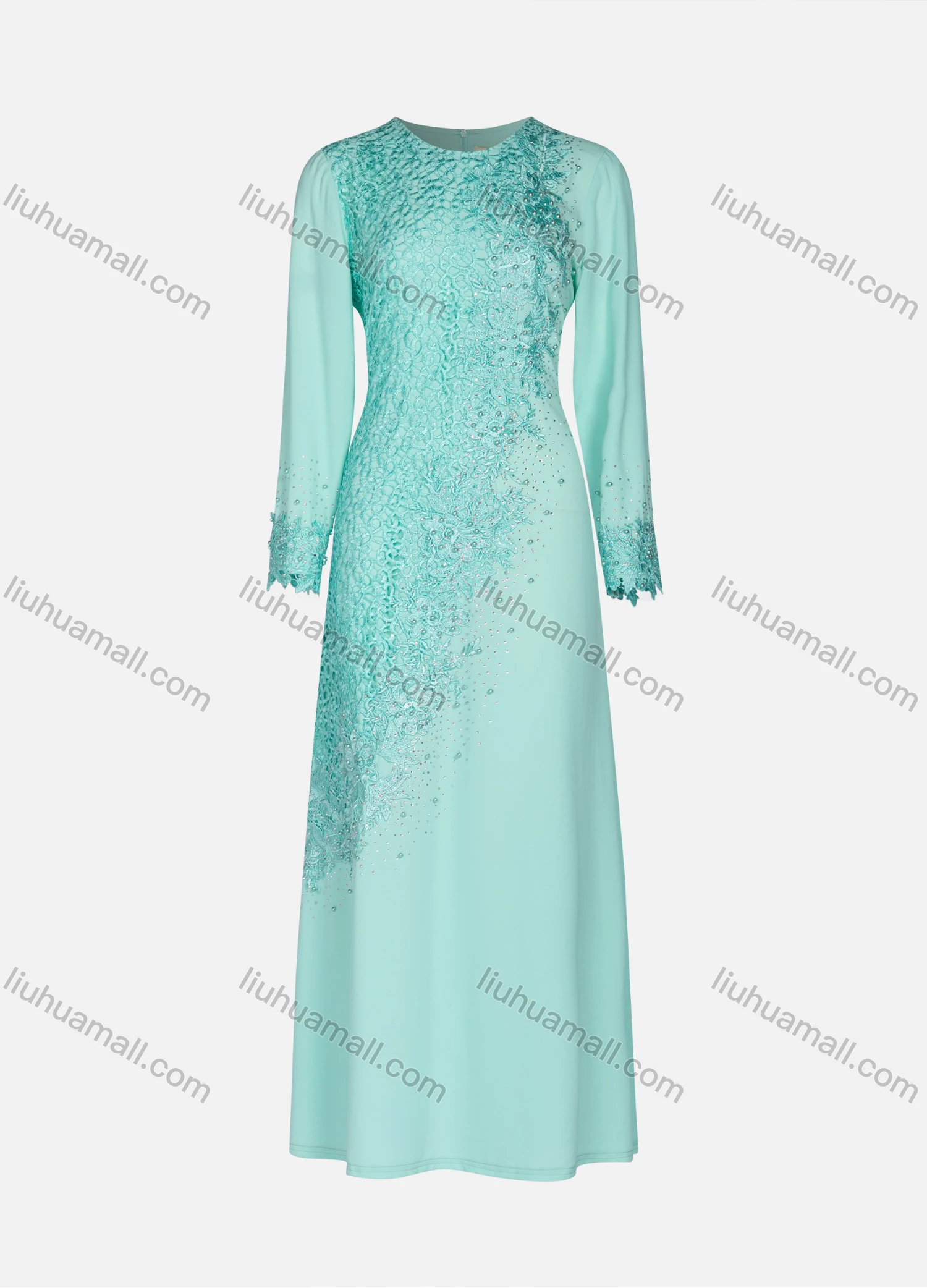 Wholesale Women's Elegant Embroidery Rhinestone Pearl Decors Long Sleeve Ruffle Hem Maxi Dress 98960# - Liuhuamall