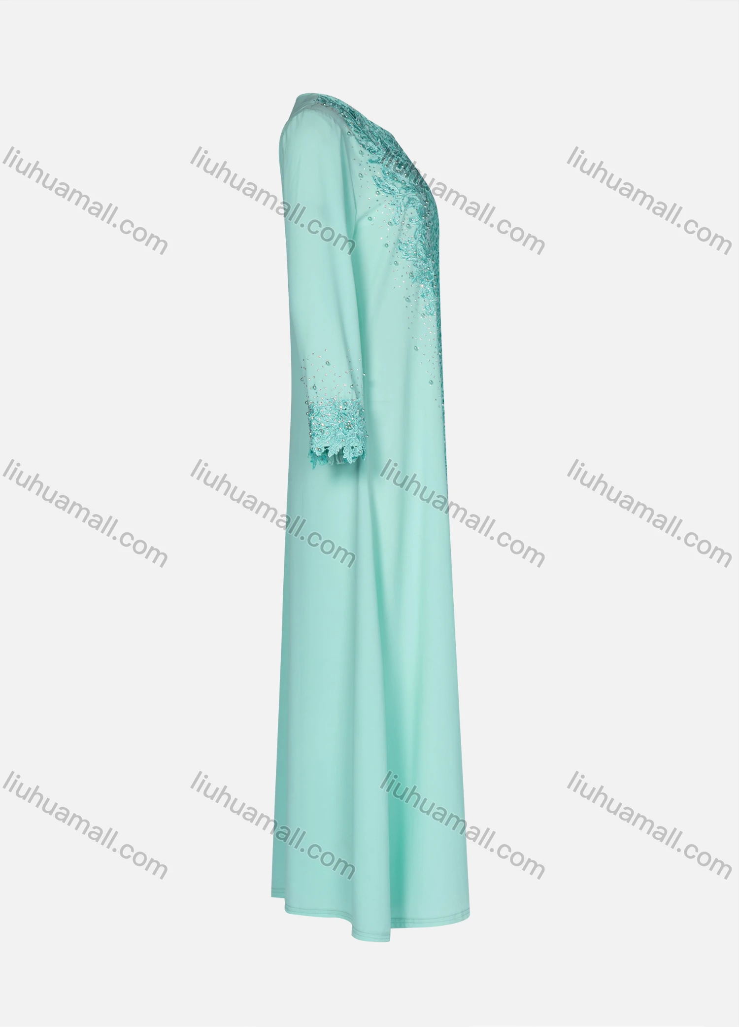 Wholesale Women's Elegant Embroidery Rhinestone Pearl Decors Long Sleeve Ruffle Hem Maxi Dress 98960# - Liuhuamall