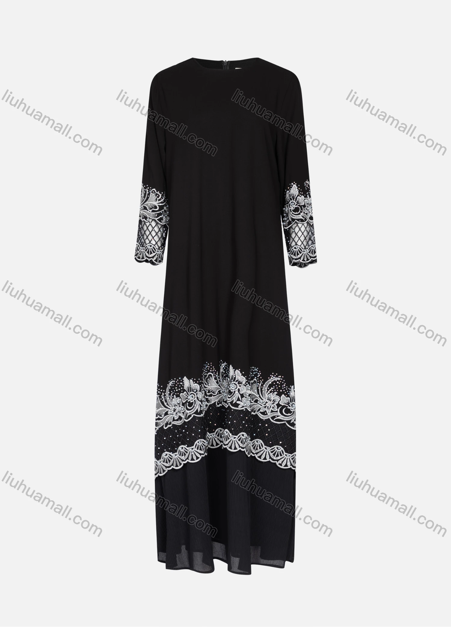 Wholesale Women's Elegant Flower Embroidery Cut Out Rhinestone Long Sleeve Ruffle Hem Maxi Dress 98933# - Liuhuamall