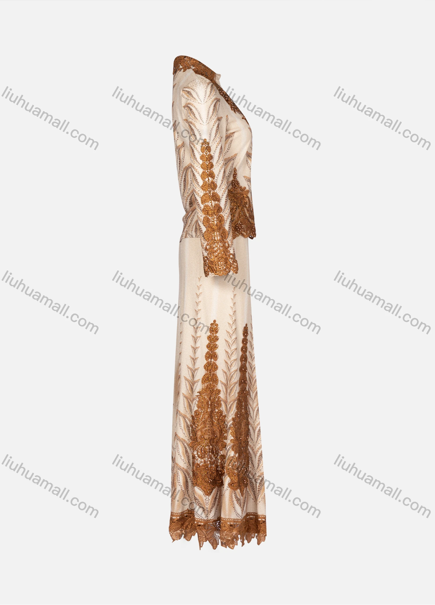 Wholesale Women's Elegant Embroidery Pearl Decor Rhinestone Long Sleeve Ruffle Hem Maxi Dress 98901# - Liuhuamall