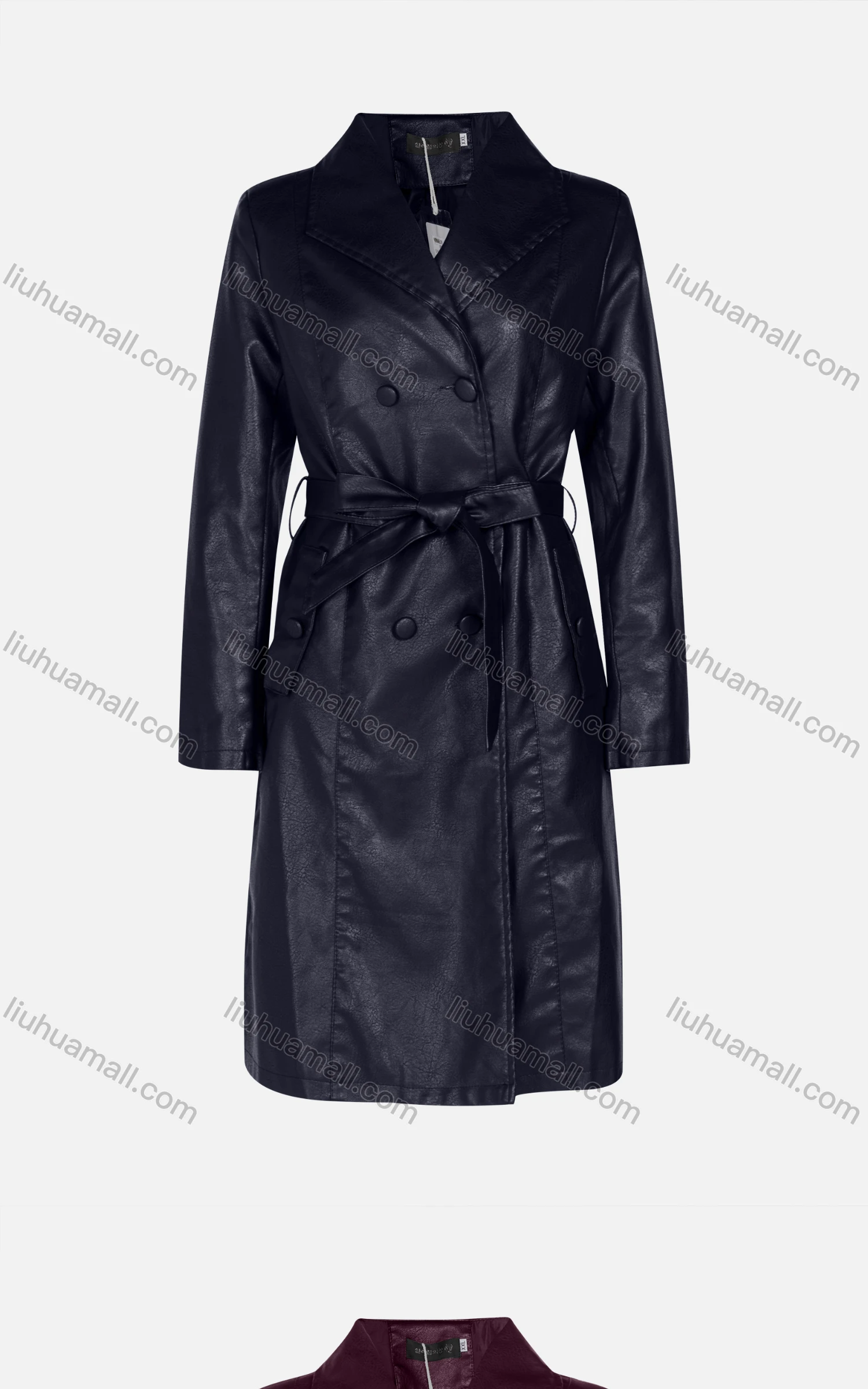 Wholesale Women's Fashion Slim Fit Lapel Lace Up Leather Double Breasted Trench Coat 22806# - Liuhuamall