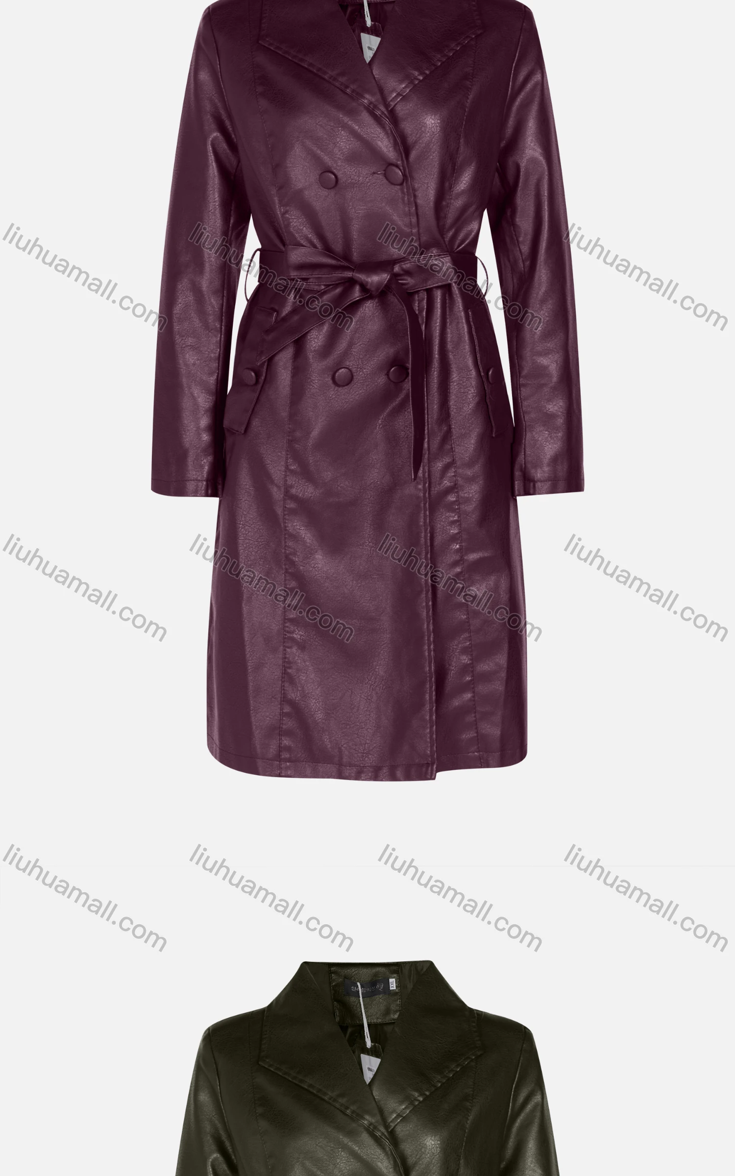 Wholesale Women's Fashion Slim Fit Lapel Lace Up Leather Double Breasted Trench Coat 22806# - Liuhuamall