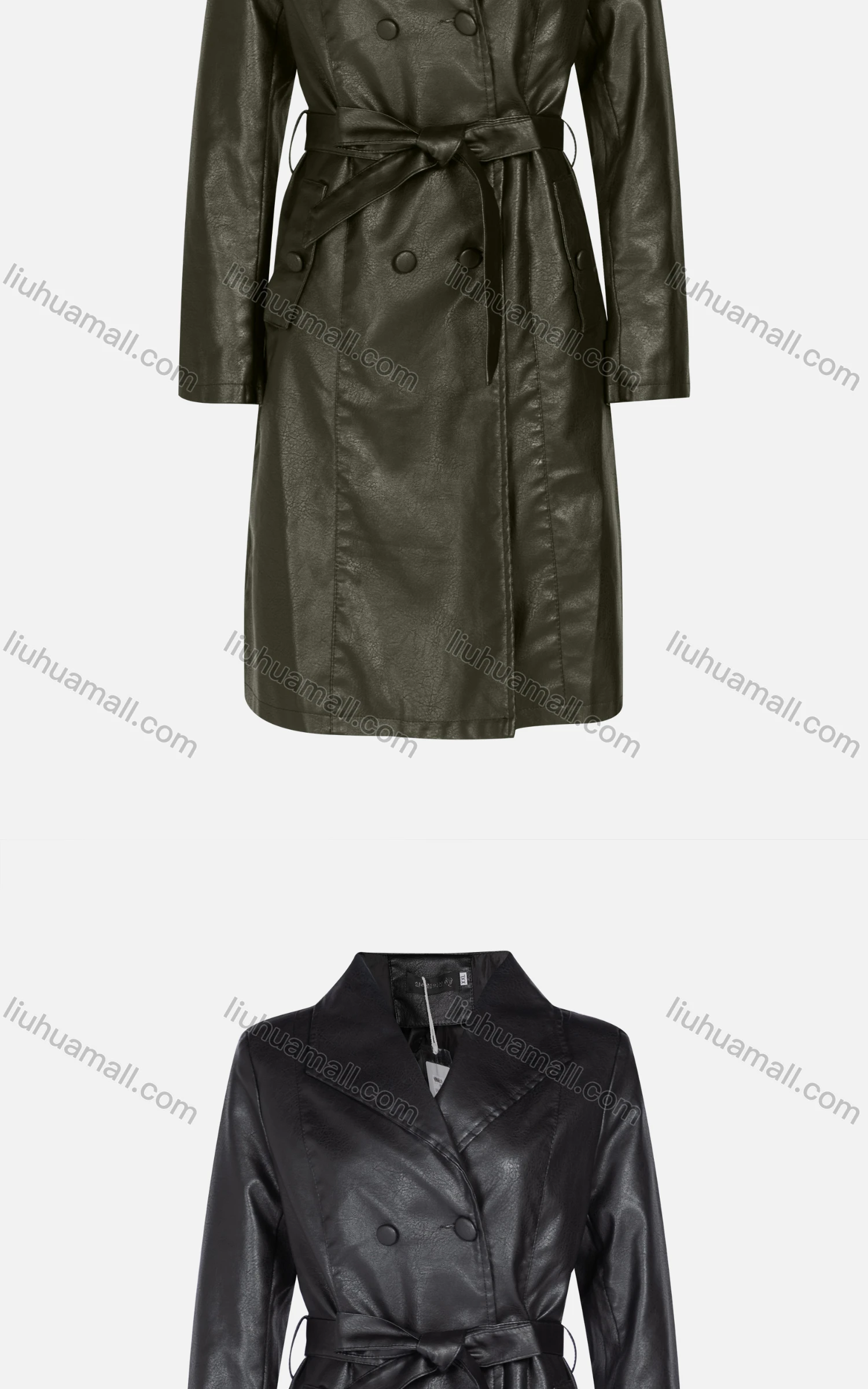 Wholesale Women's Fashion Slim Fit Lapel Lace Up Leather Double Breasted Trench Coat 22806# - Liuhuamall