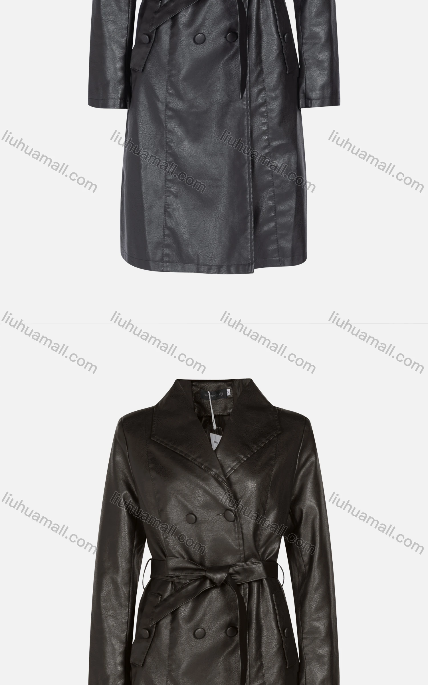 Wholesale Women's Fashion Slim Fit Lapel Lace Up Leather Double Breasted Trench Coat 22806# - Liuhuamall