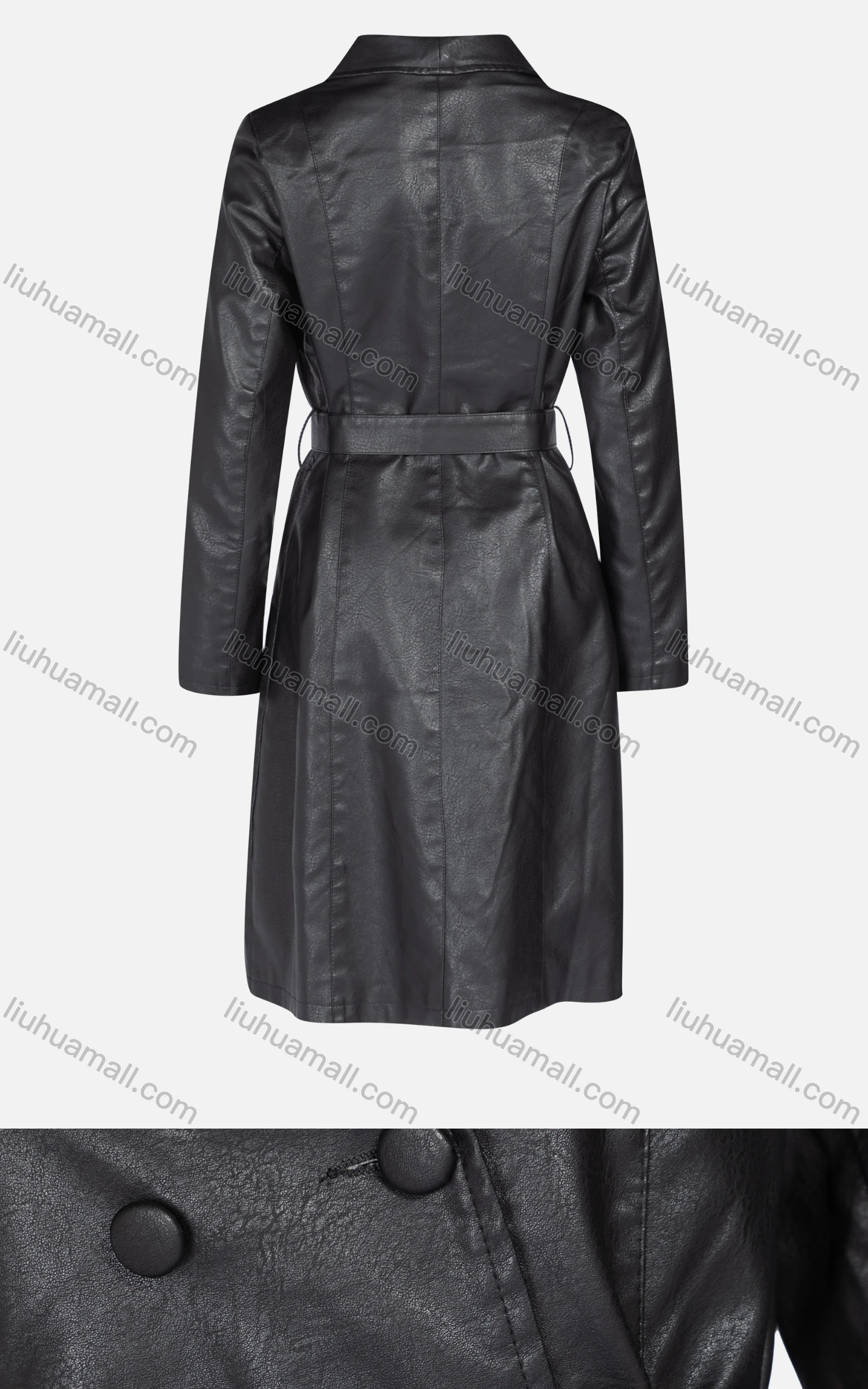 Wholesale Women's Fashion Slim Fit Lapel Lace Up Leather Double Breasted Trench Coat 22806# - Liuhuamall