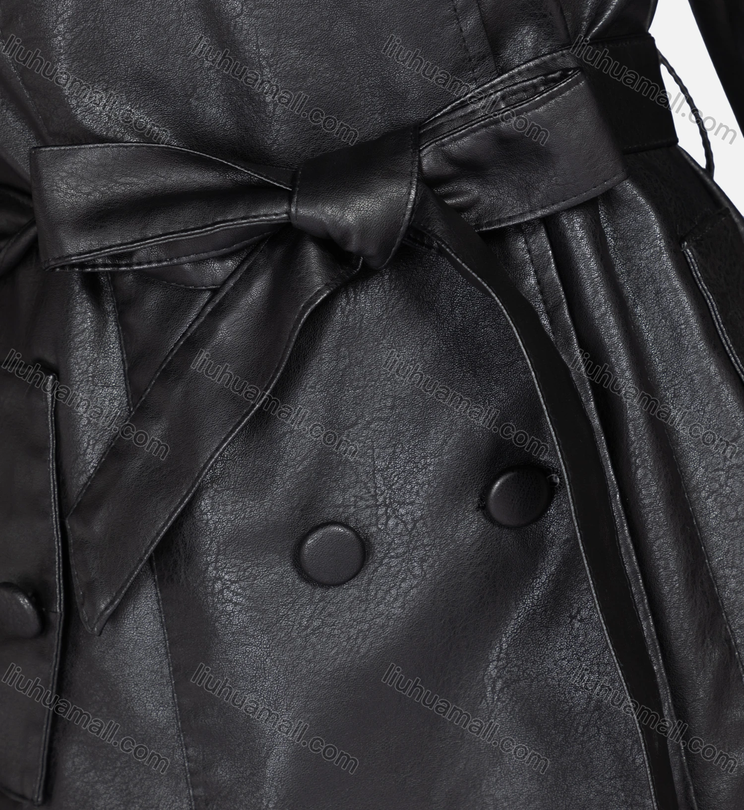 Wholesale Women's Fashion Slim Fit Lapel Lace Up Leather Double Breasted Trench Coat 22806# - Liuhuamall