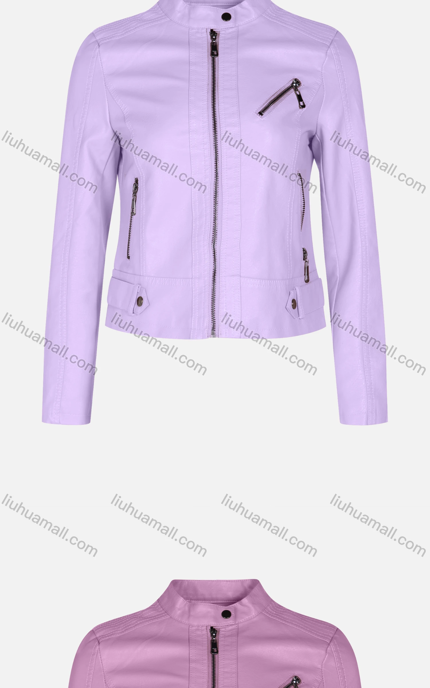 Wholesale Women's Fashion Slim Fit Stand Collar Leather Zipper Crop Leather Jackets 5896# - Liuhuamall