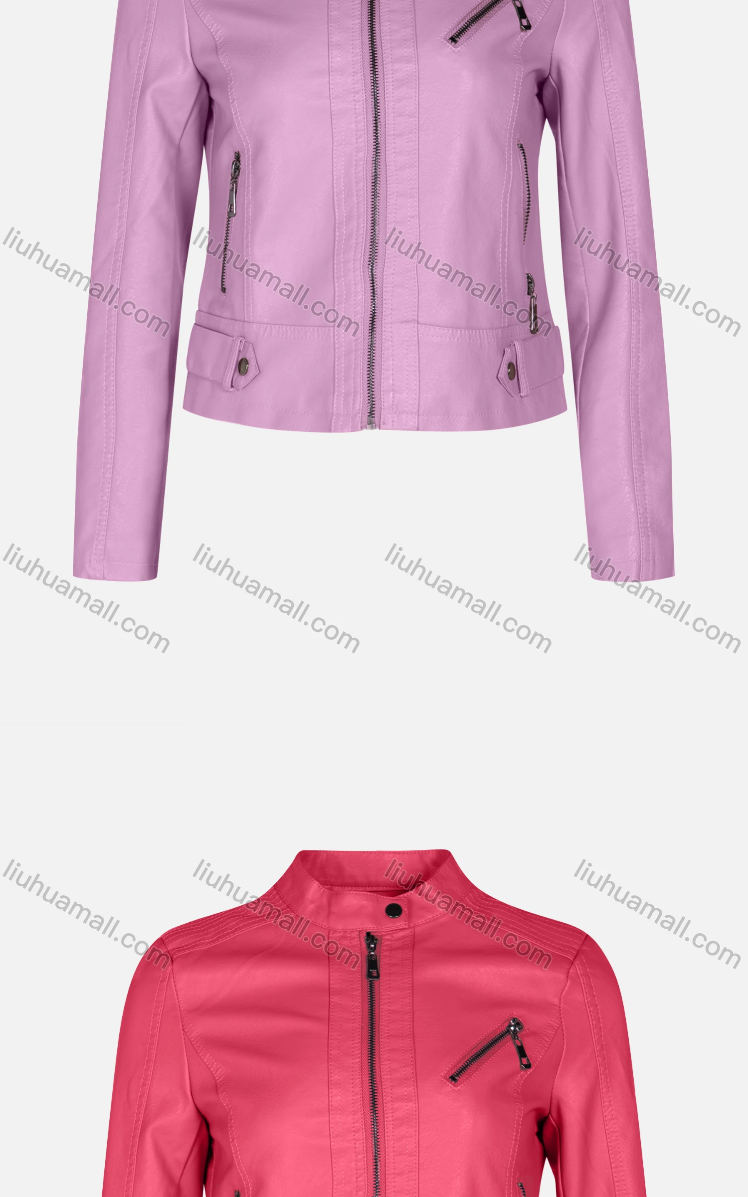 Wholesale Women's Fashion Slim Fit Stand Collar Leather Zipper Crop Leather Jackets 5896# - Liuhuamall