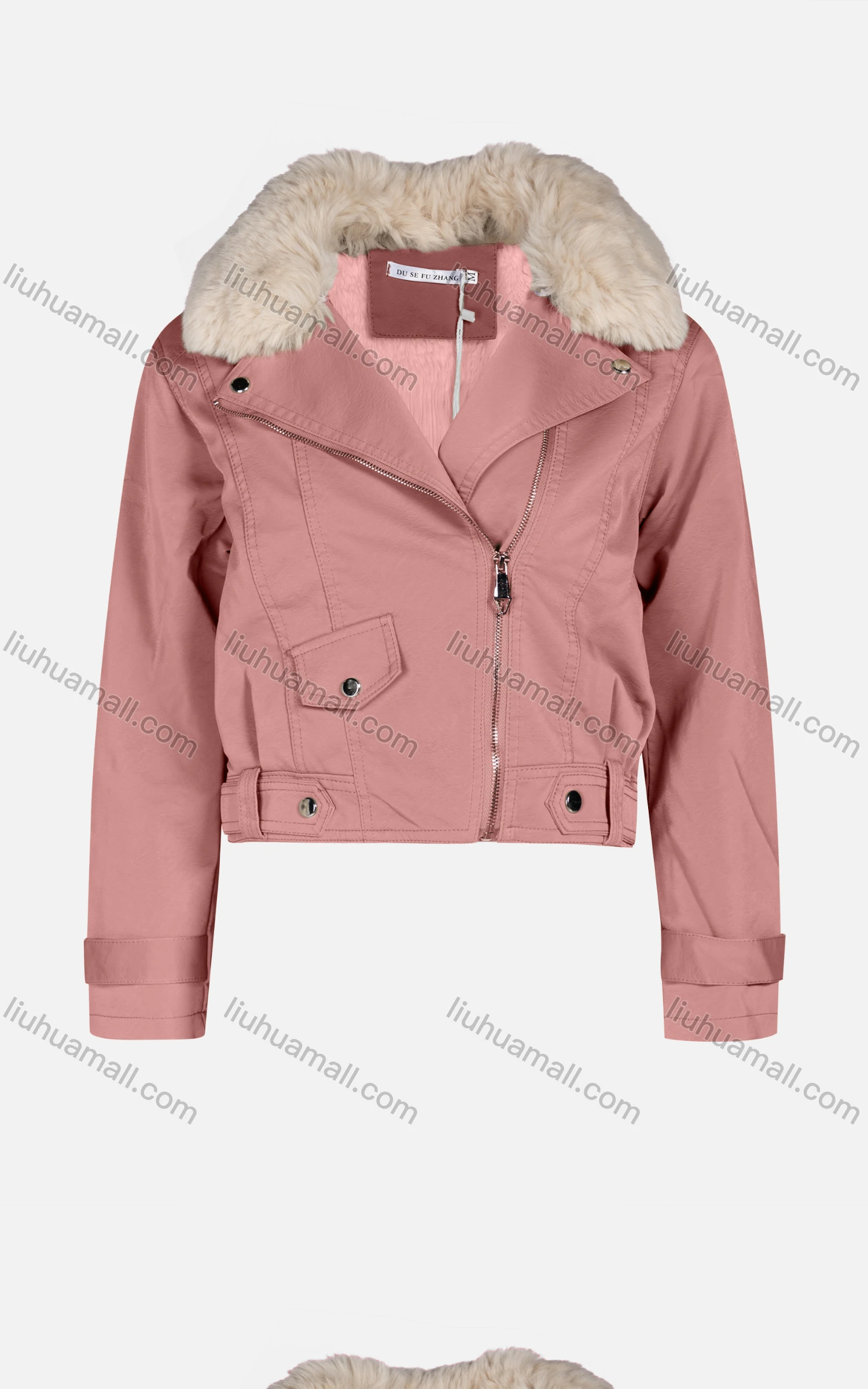 Wholesale Women's Fashion Slim Fit Fuzzy Collar Leather Zipper Crop Leather Biker Jackets 6922# - Liuhuamall