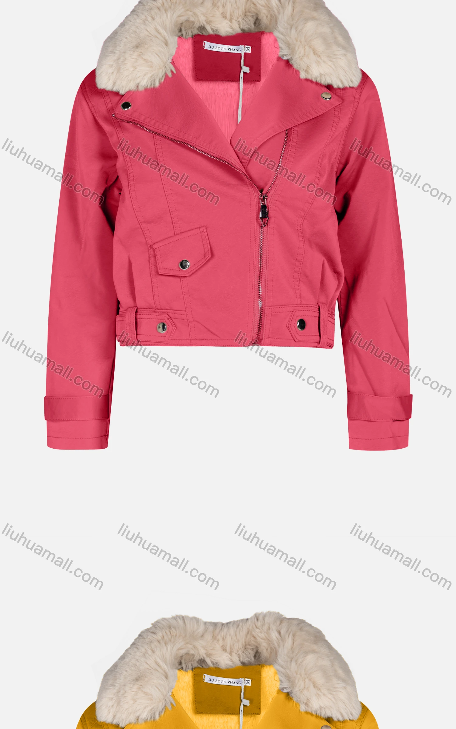 Wholesale Women's Fashion Slim Fit Fuzzy Collar Leather Zipper Crop Leather Biker Jackets 6922# - Liuhuamall