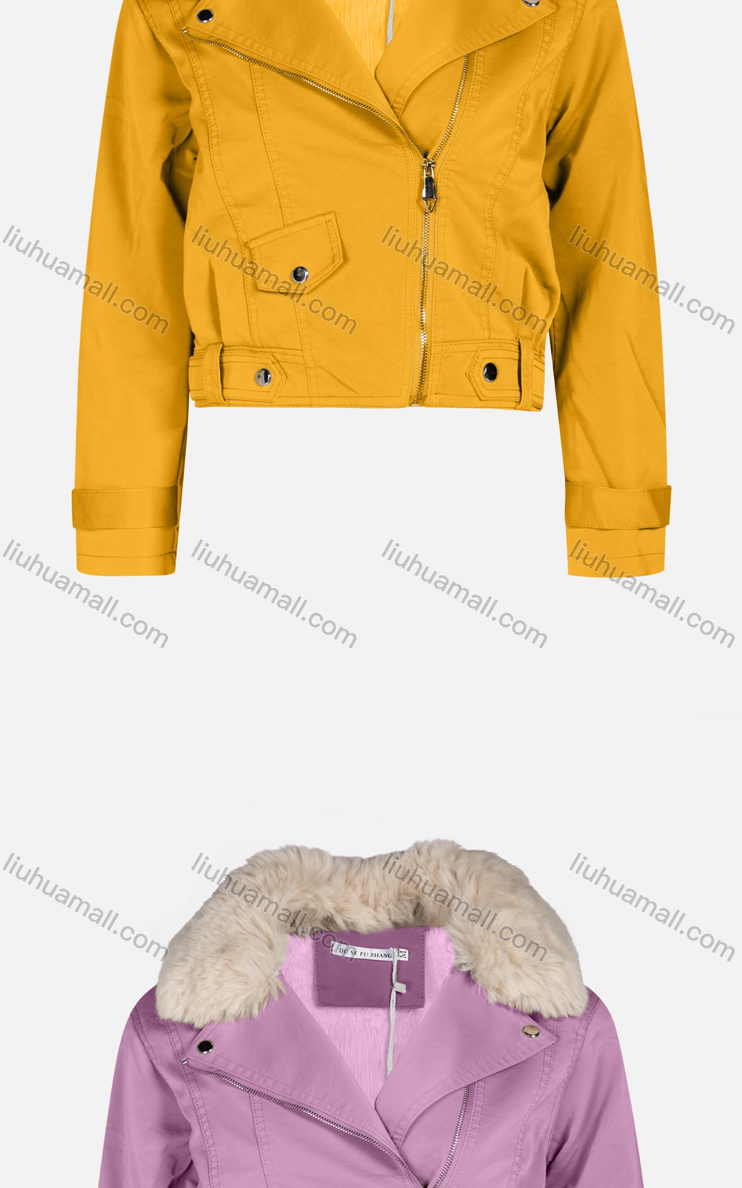 Wholesale Women's Fashion Slim Fit Fuzzy Collar Leather Zipper Crop Leather Biker Jackets 6922# - Liuhuamall