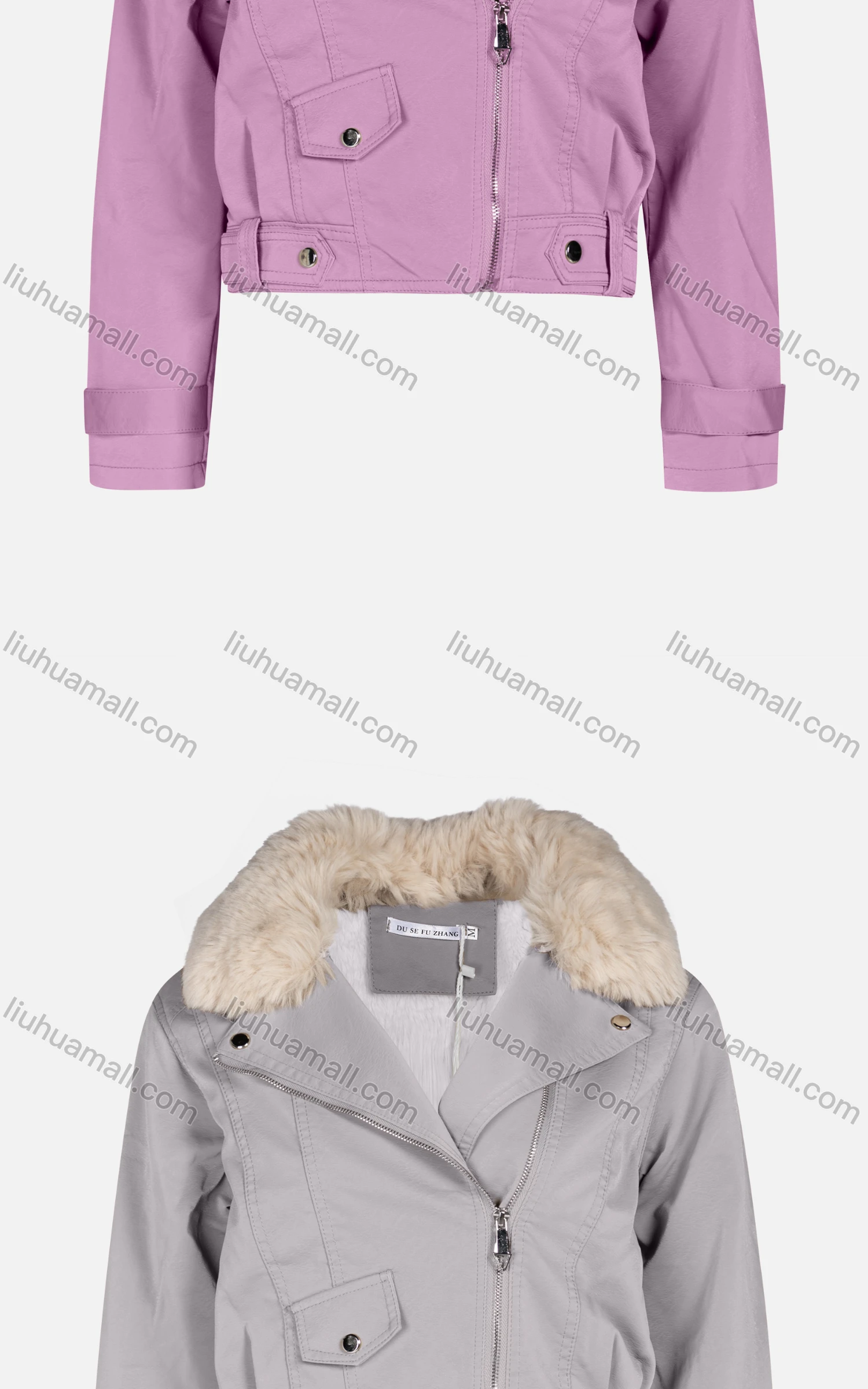 Wholesale Women's Fashion Slim Fit Fuzzy Collar Leather Zipper Crop Leather Biker Jackets 6922# - Liuhuamall