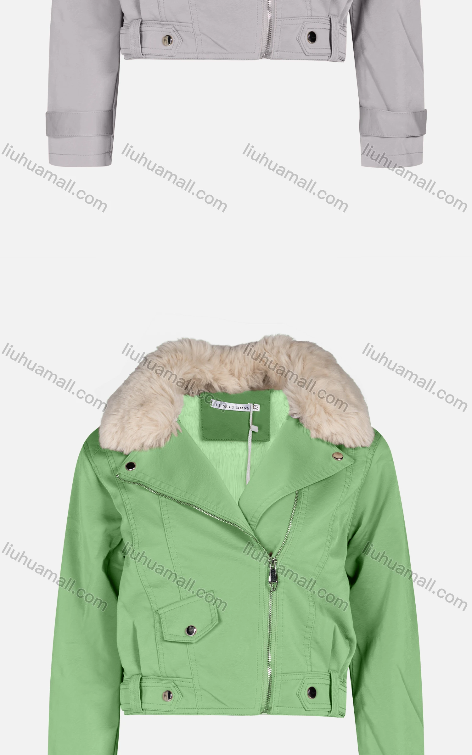 Wholesale Women's Fashion Slim Fit Fuzzy Collar Leather Zipper Crop Leather Biker Jackets 6922# - Liuhuamall