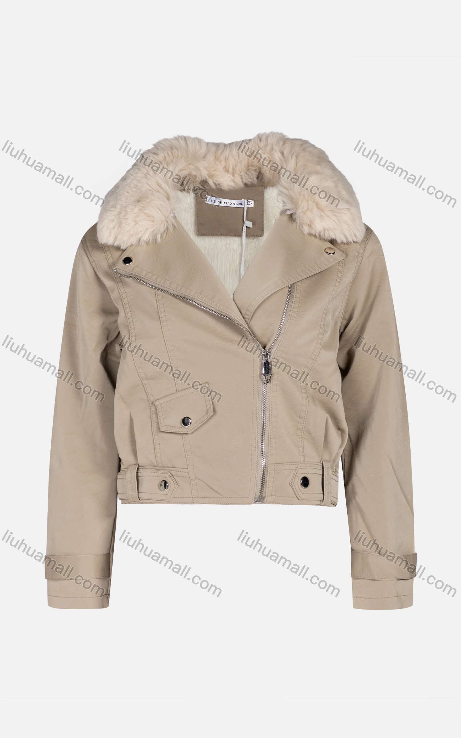 Wholesale Women's Fashion Slim Fit Fuzzy Collar Leather Zipper Crop Leather Biker Jackets 6922# - Liuhuamall