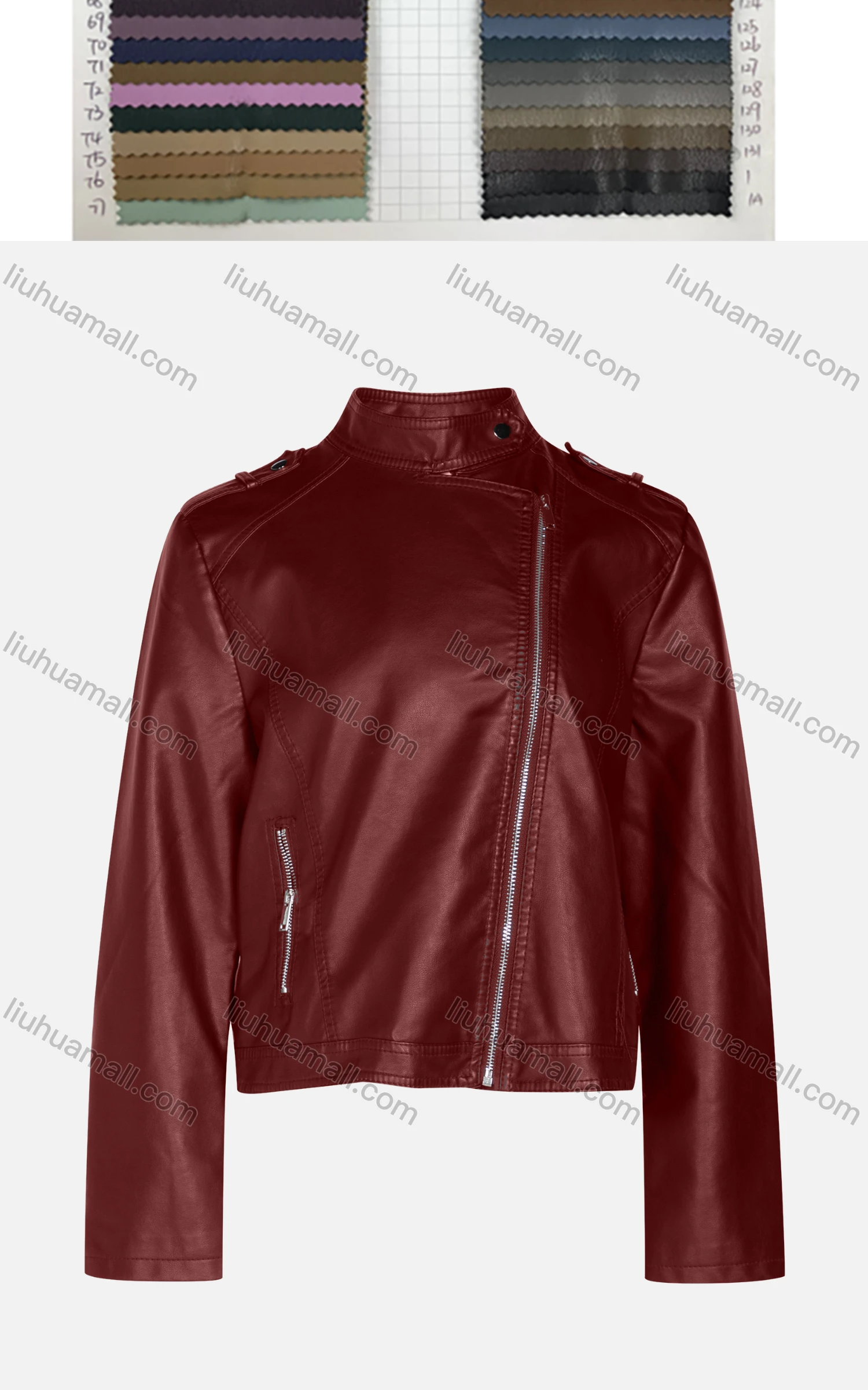 Wholesale Women's Fashion Slim Fit Stand Collar Zipper Crop Leather Biker Jackets 58805# - Liuhuamall