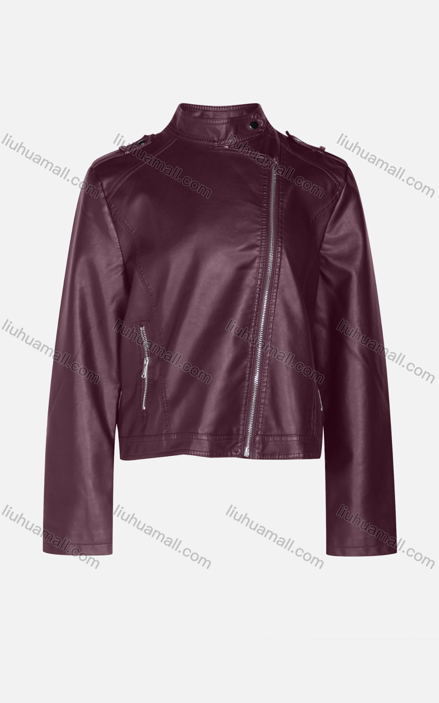 Wholesale Women's Fashion Slim Fit Stand Collar Zipper Crop Leather Biker Jackets 58805# - Liuhuamall