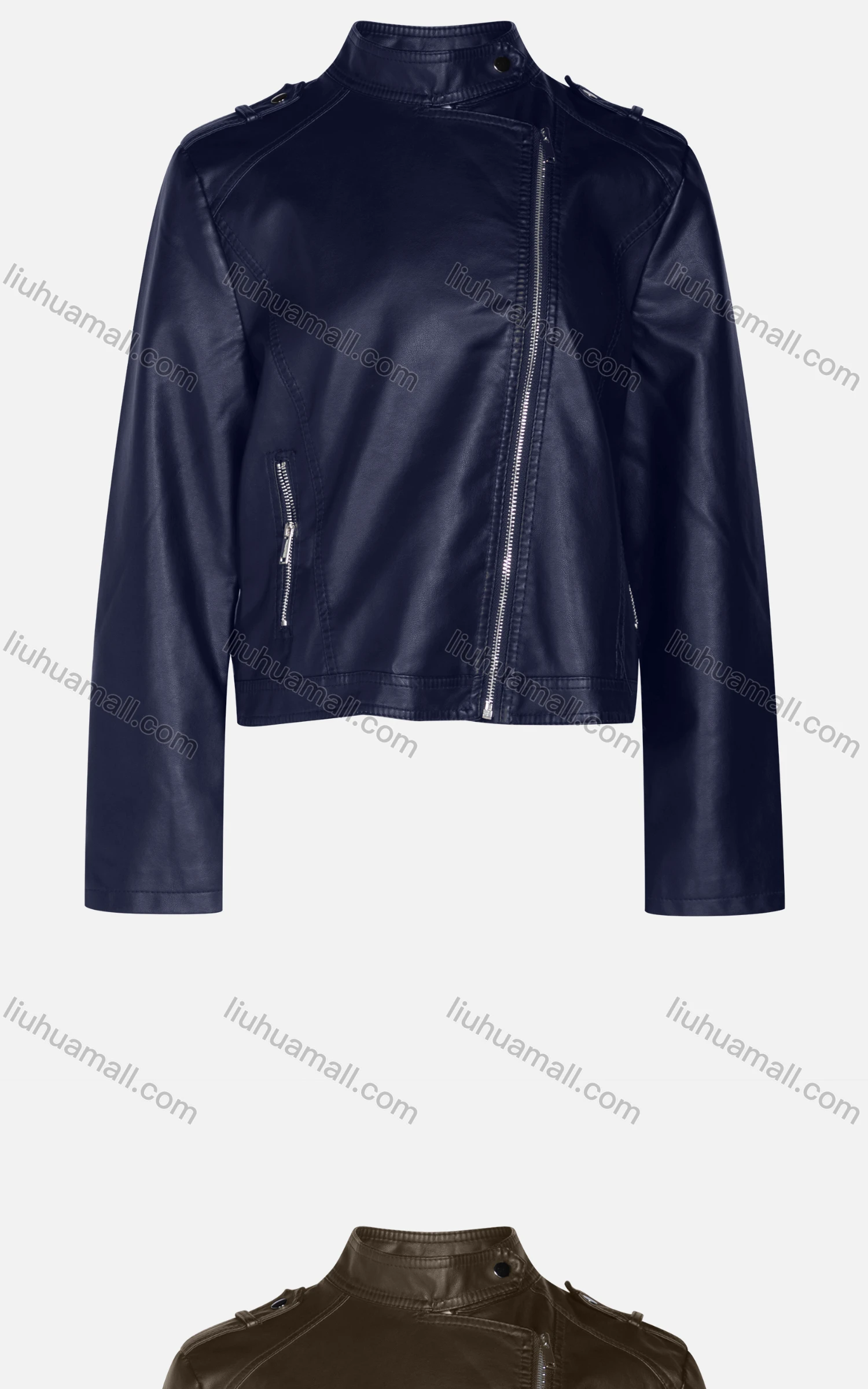 Wholesale Women's Fashion Slim Fit Stand Collar Zipper Crop Leather Biker Jackets 58805# - Liuhuamall