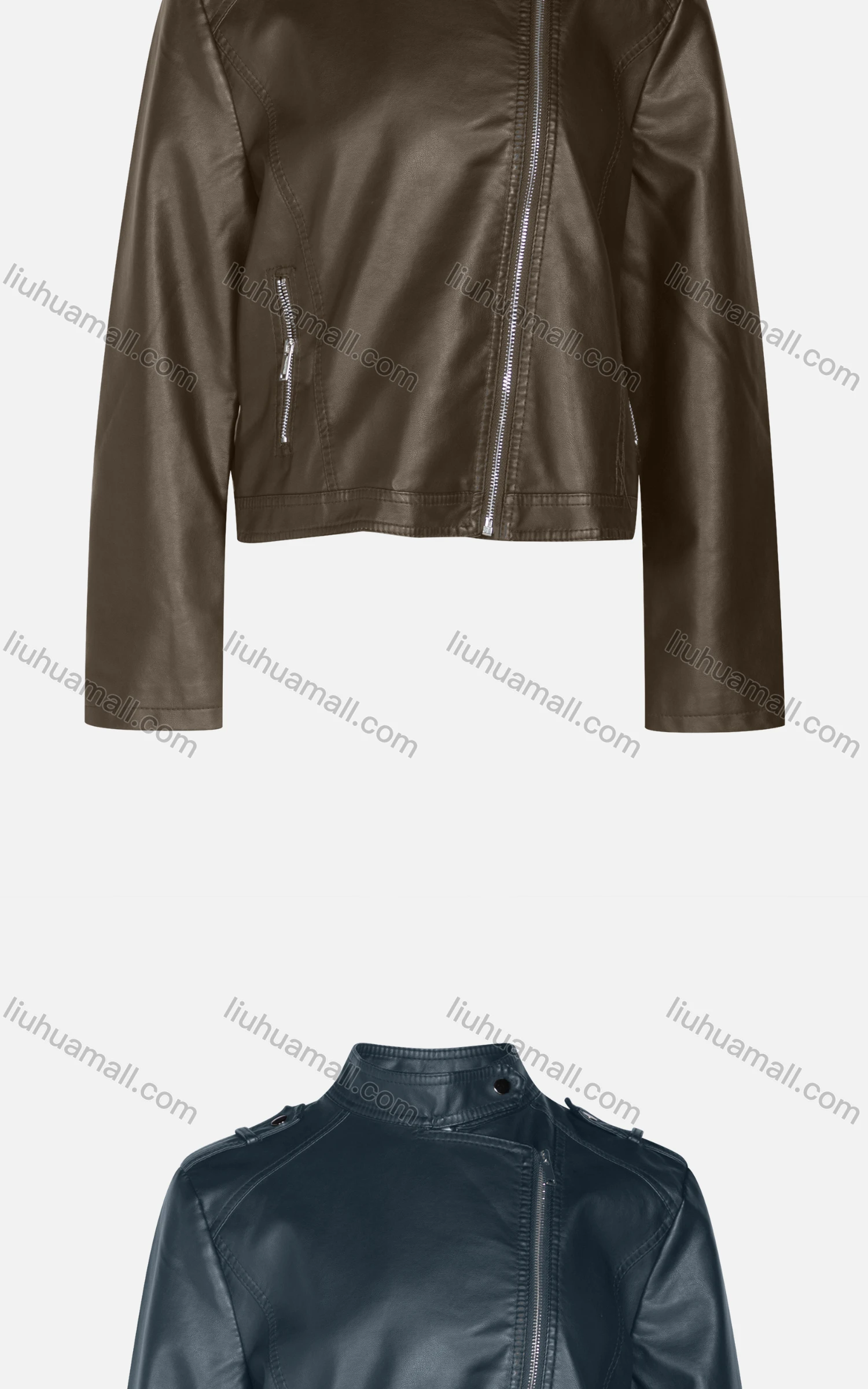 Wholesale Women's Fashion Slim Fit Stand Collar Zipper Crop Leather Biker Jackets 58805# - Liuhuamall