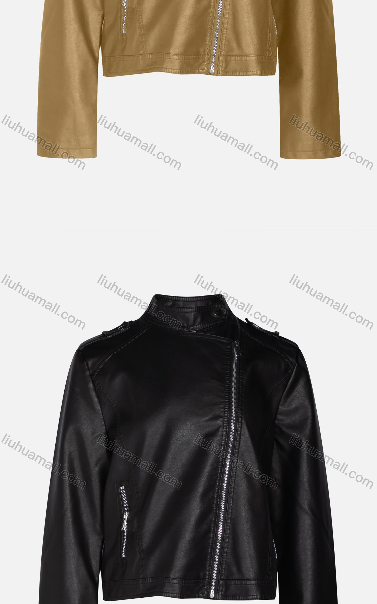 Wholesale Women's Fashion Slim Fit Stand Collar Zipper Crop Leather Biker Jackets 58805# - Liuhuamall