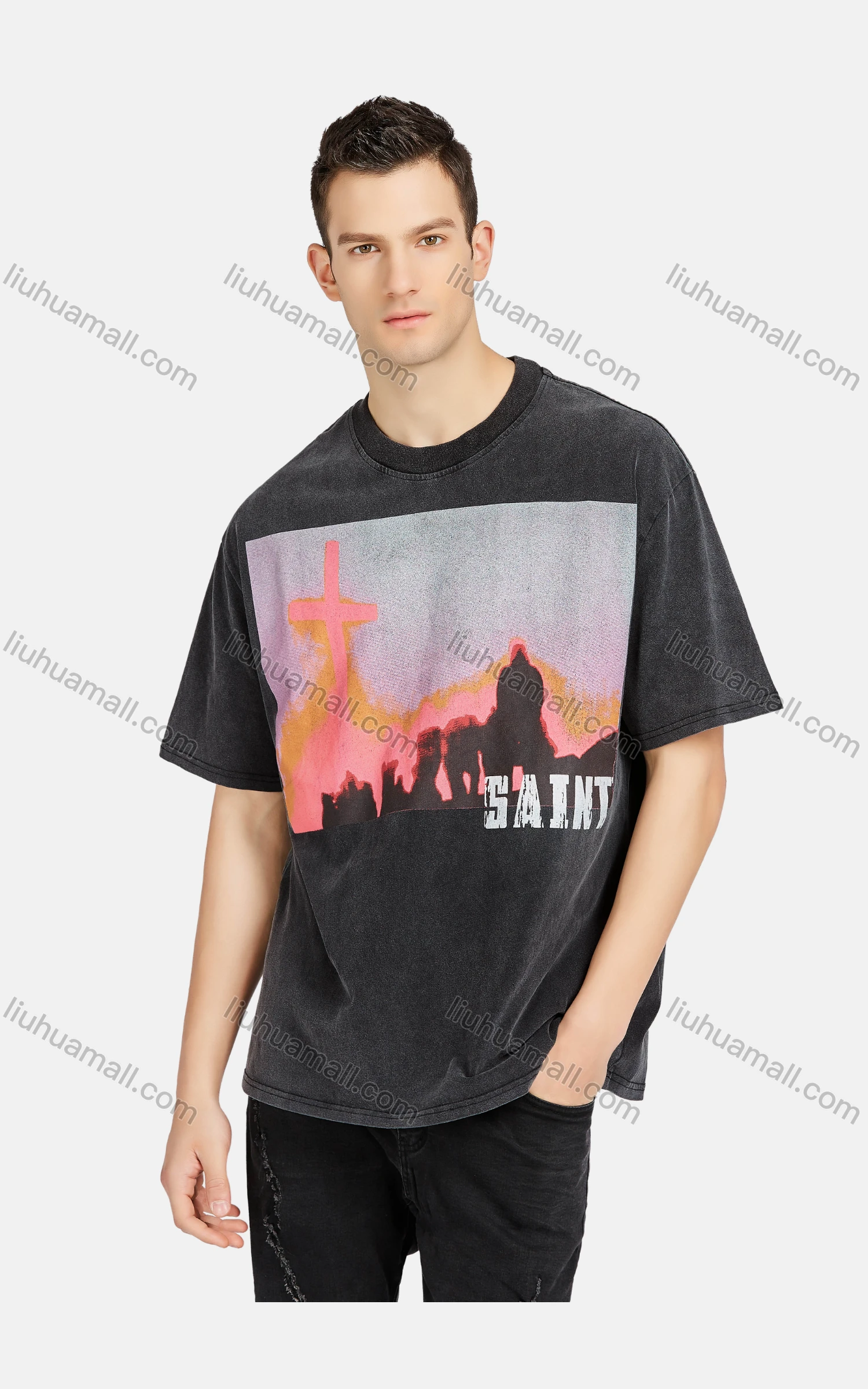 Wholesale Men's Hip Hop Crew Neck Short Sleeve Loose Fit Graphic Letter T-shirt - Liuhuamall