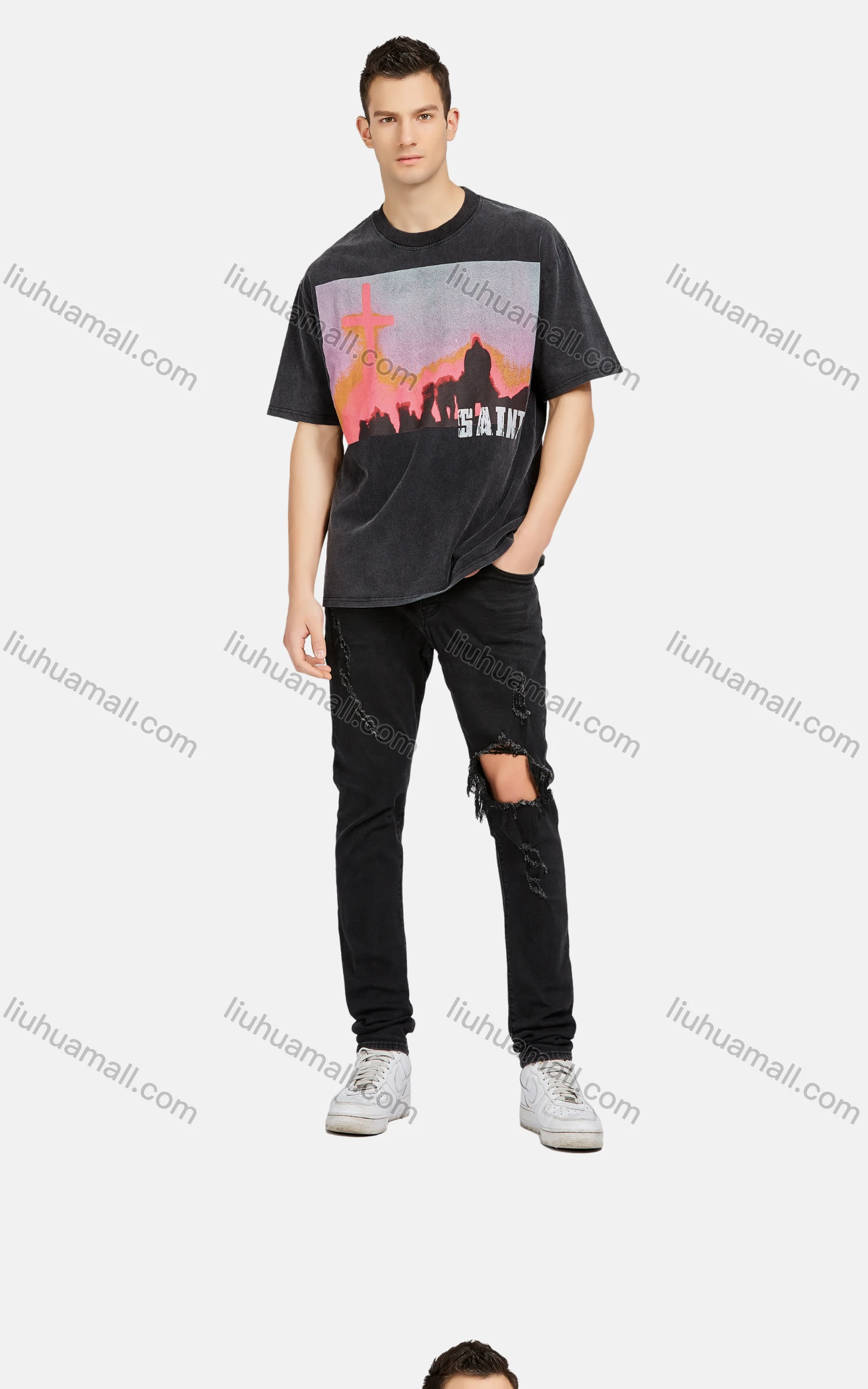 Wholesale Men's Hip Hop Crew Neck Short Sleeve Loose Fit Graphic Letter T-shirt - Liuhuamall