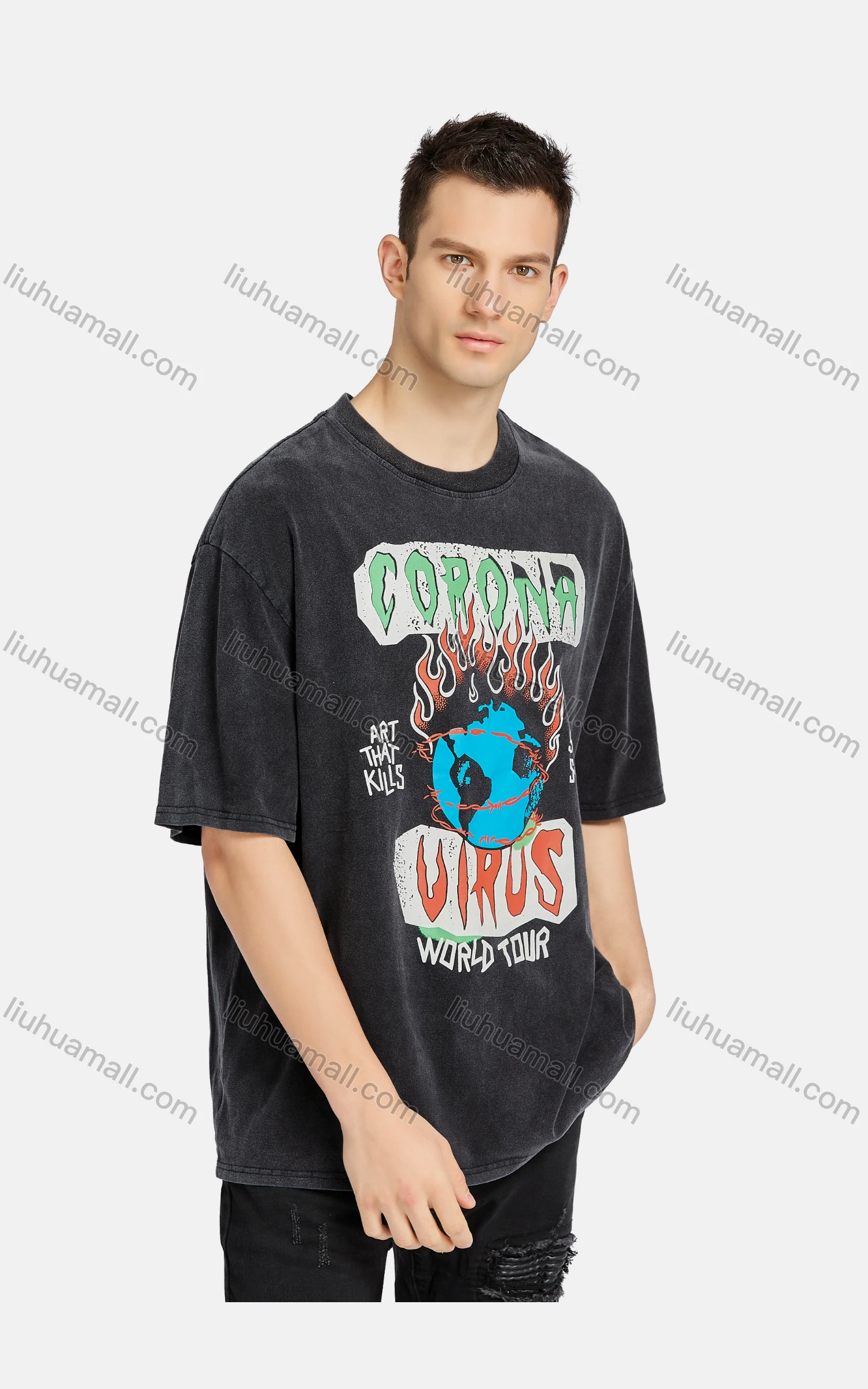 Wholesale Men's Hip Hop Crew Neck Short Sleeve Loose Fit Graphic Letter T-shirt - Liuhuamall