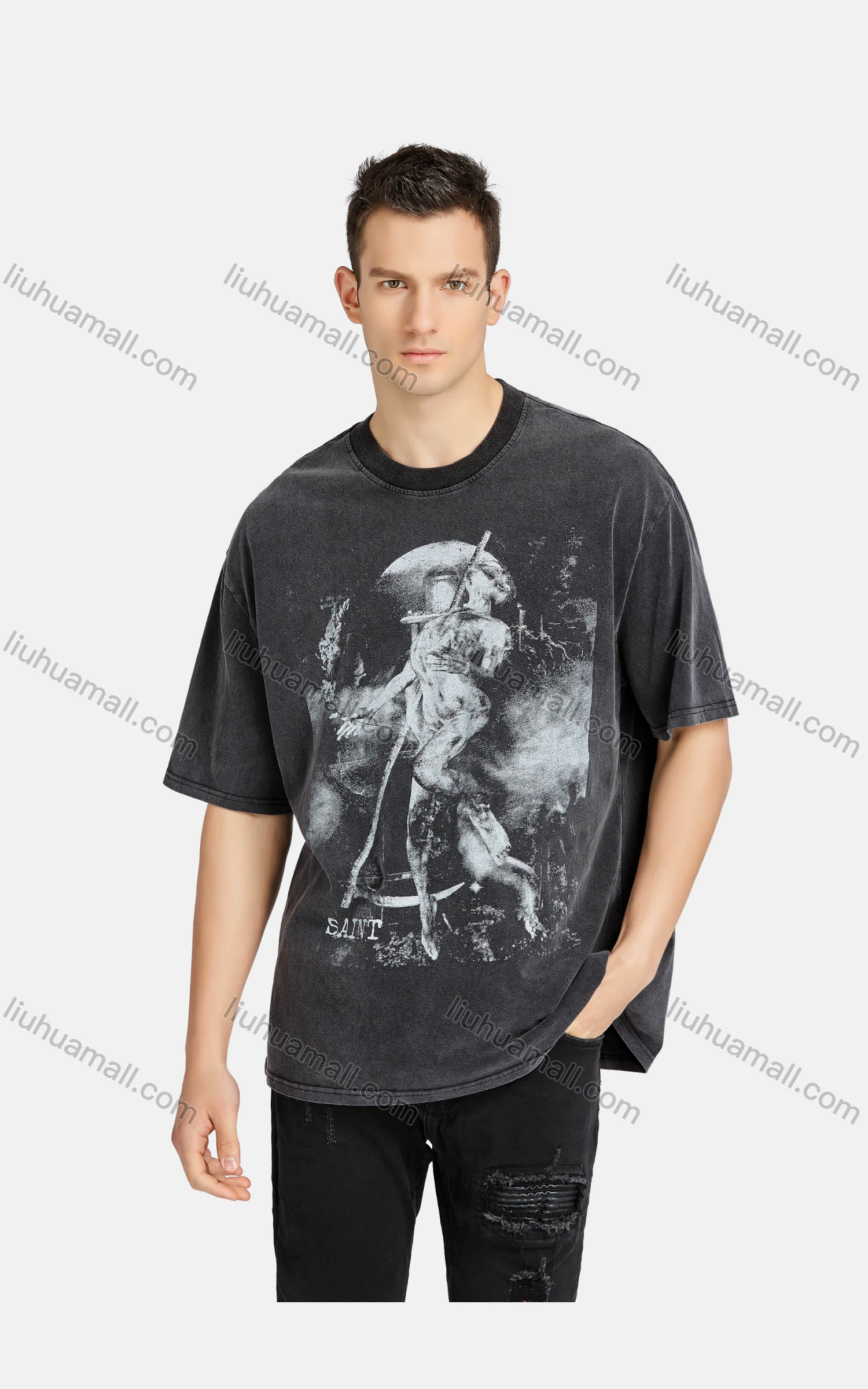 Wholesale Men's Hip Hop Crew Neck Short Sleeve Loose Fit Graphic Letter T-shirt - Liuhuamall