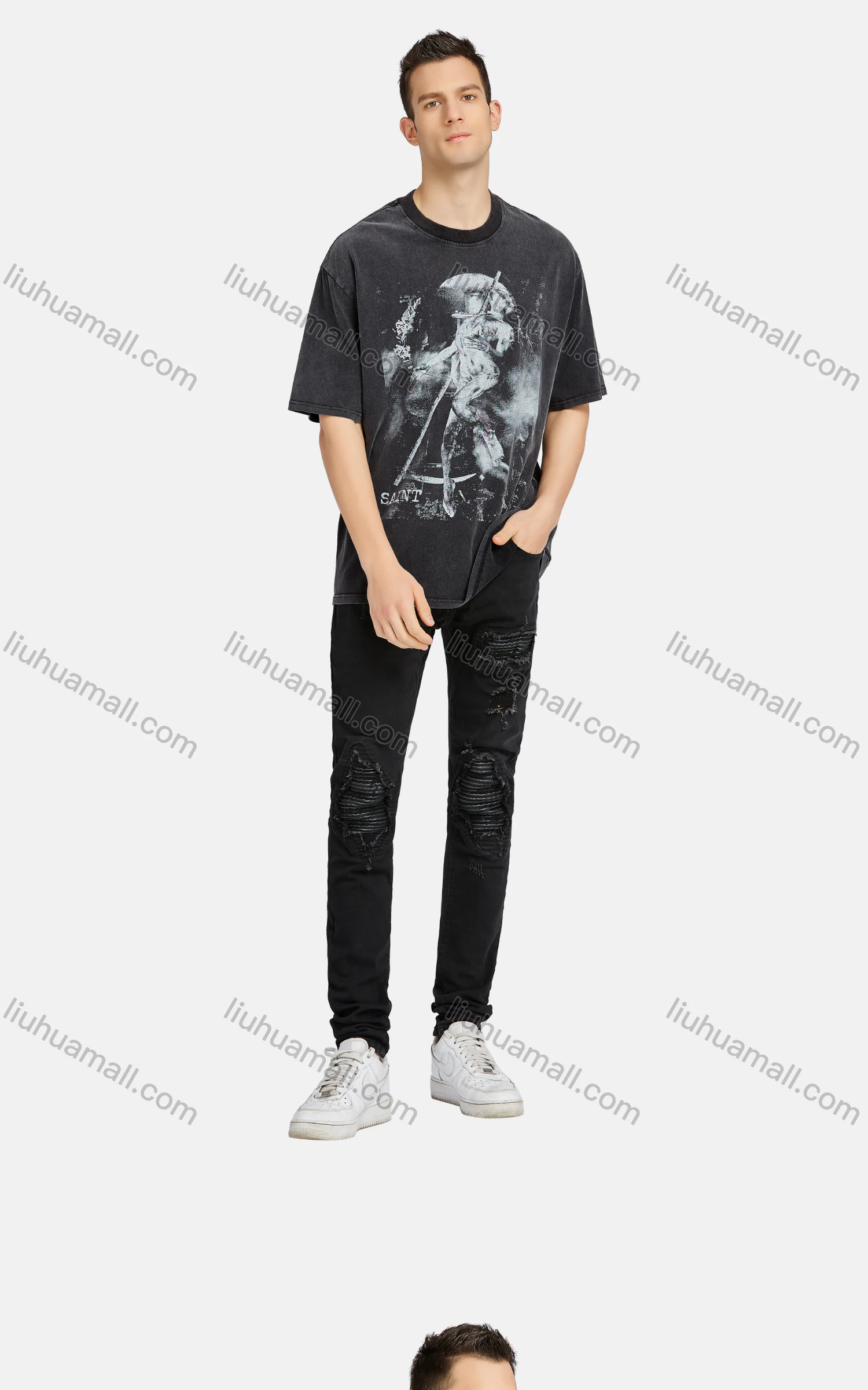 Wholesale Men's Hip Hop Crew Neck Short Sleeve Loose Fit Graphic Letter T-shirt - Liuhuamall