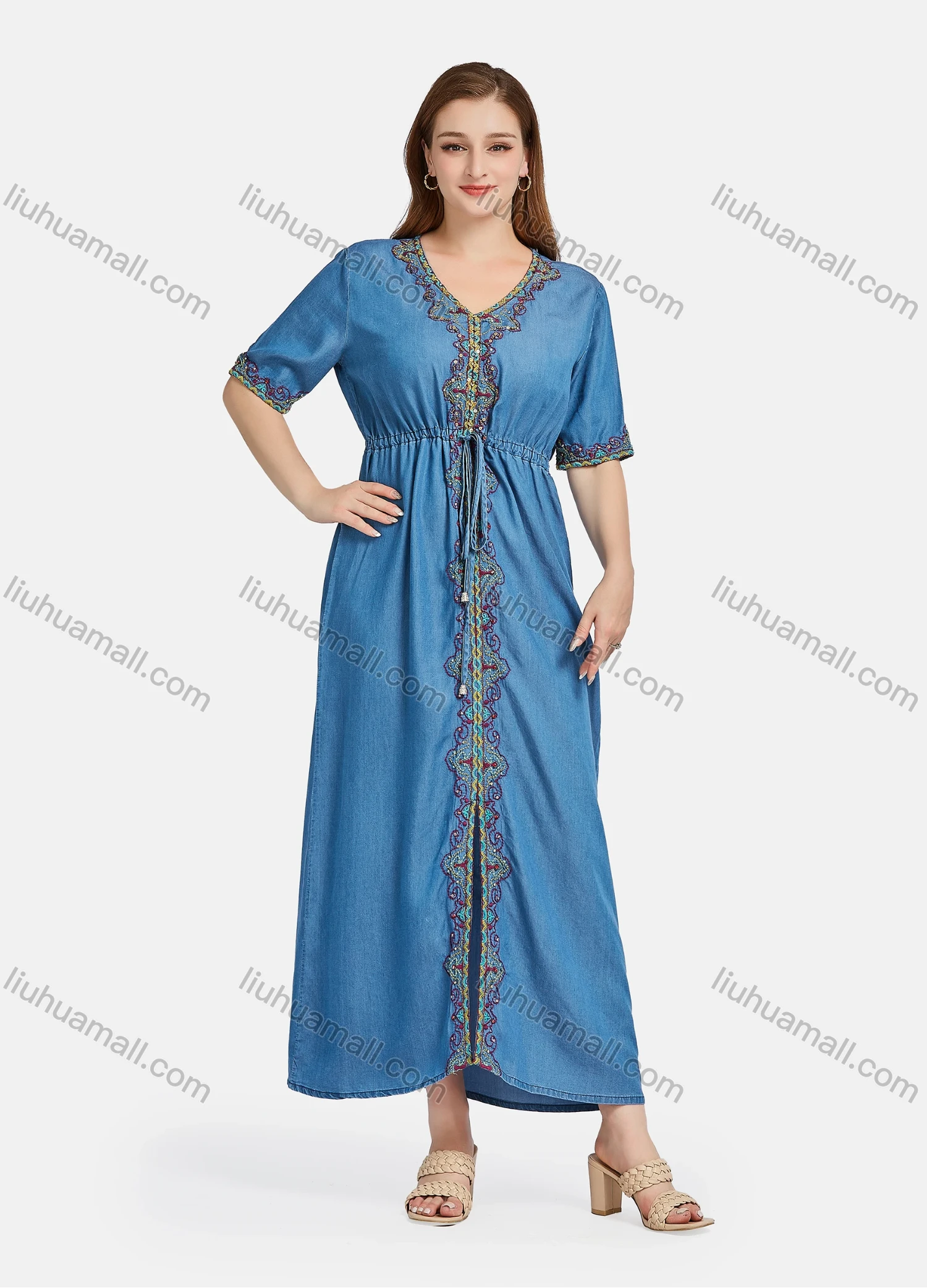Wholesale Women's Casual Elegant V Neck Embroidery Rhinestone Half Sleeve Drawstring Maxi Dress - Liuhuamall
