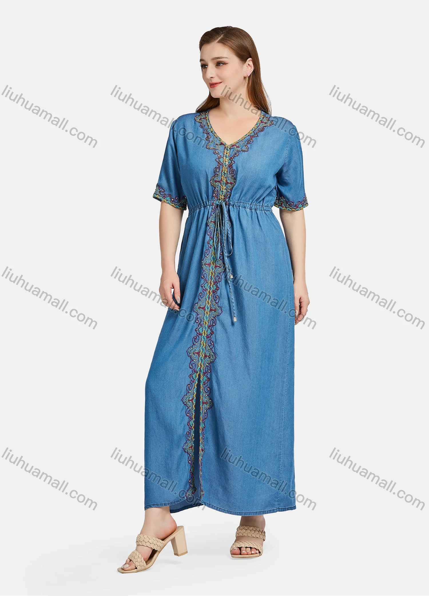 Wholesale Women's Casual Elegant V Neck Embroidery Rhinestone Half Sleeve Drawstring Maxi Dress - Liuhuamall
