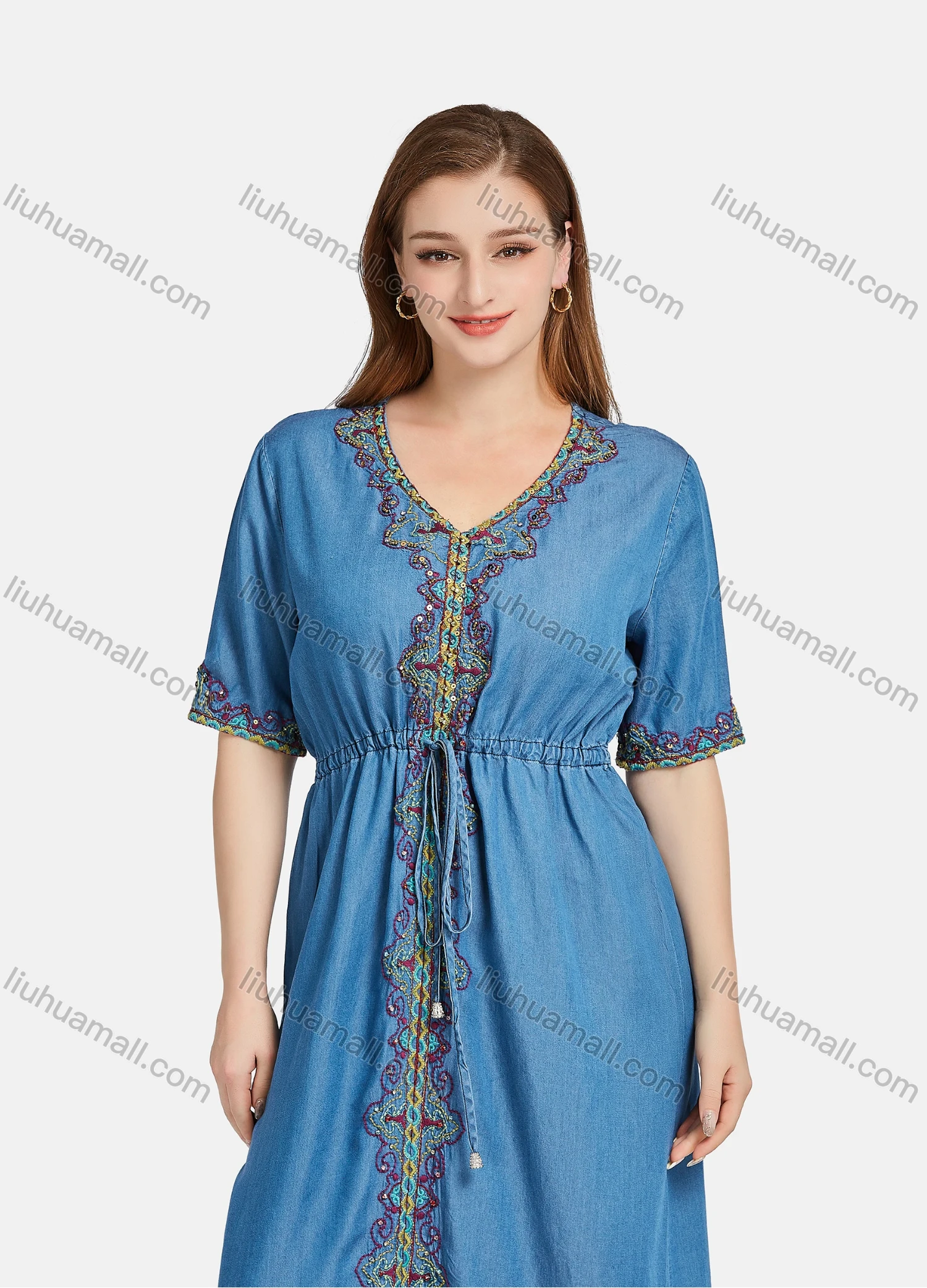 Wholesale Women's Casual Elegant V Neck Embroidery Rhinestone Half Sleeve Drawstring Maxi Dress - Liuhuamall